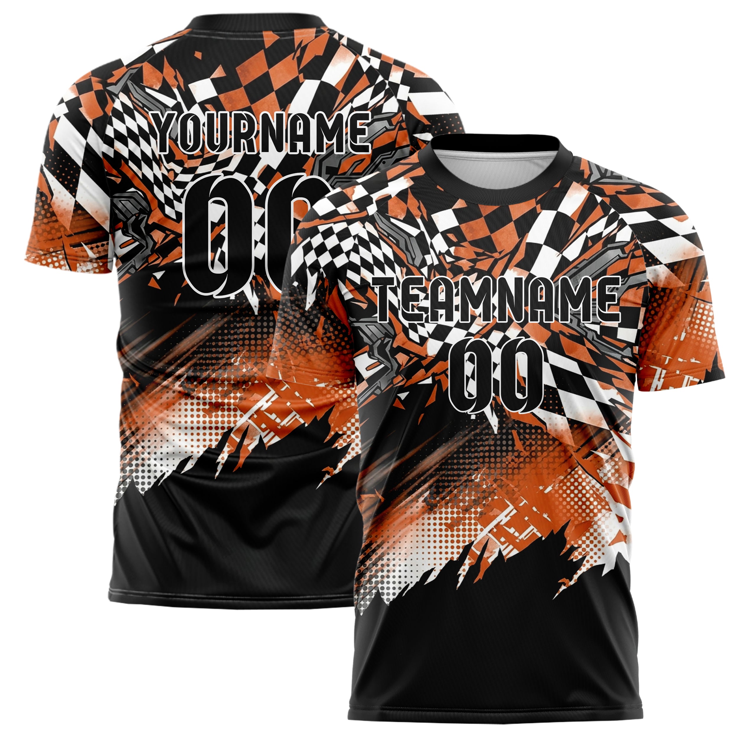 Schwarz Orange Weiß Metallgrau kariert Flagge Bruch individuelles Fußballtrikot