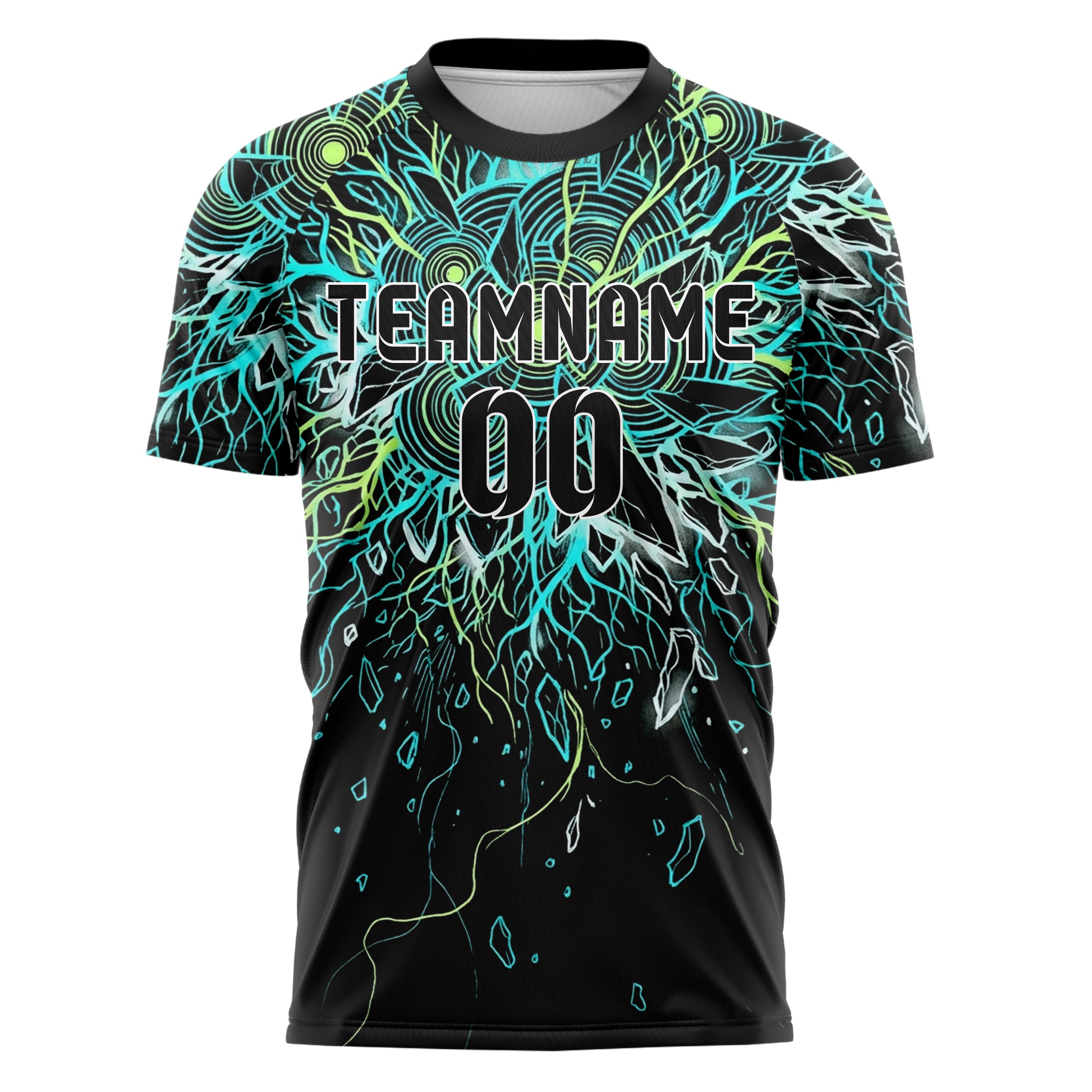 Schwarz Cyan Limette Weiß Samenkern Explosion individuelles Fußballtrikot