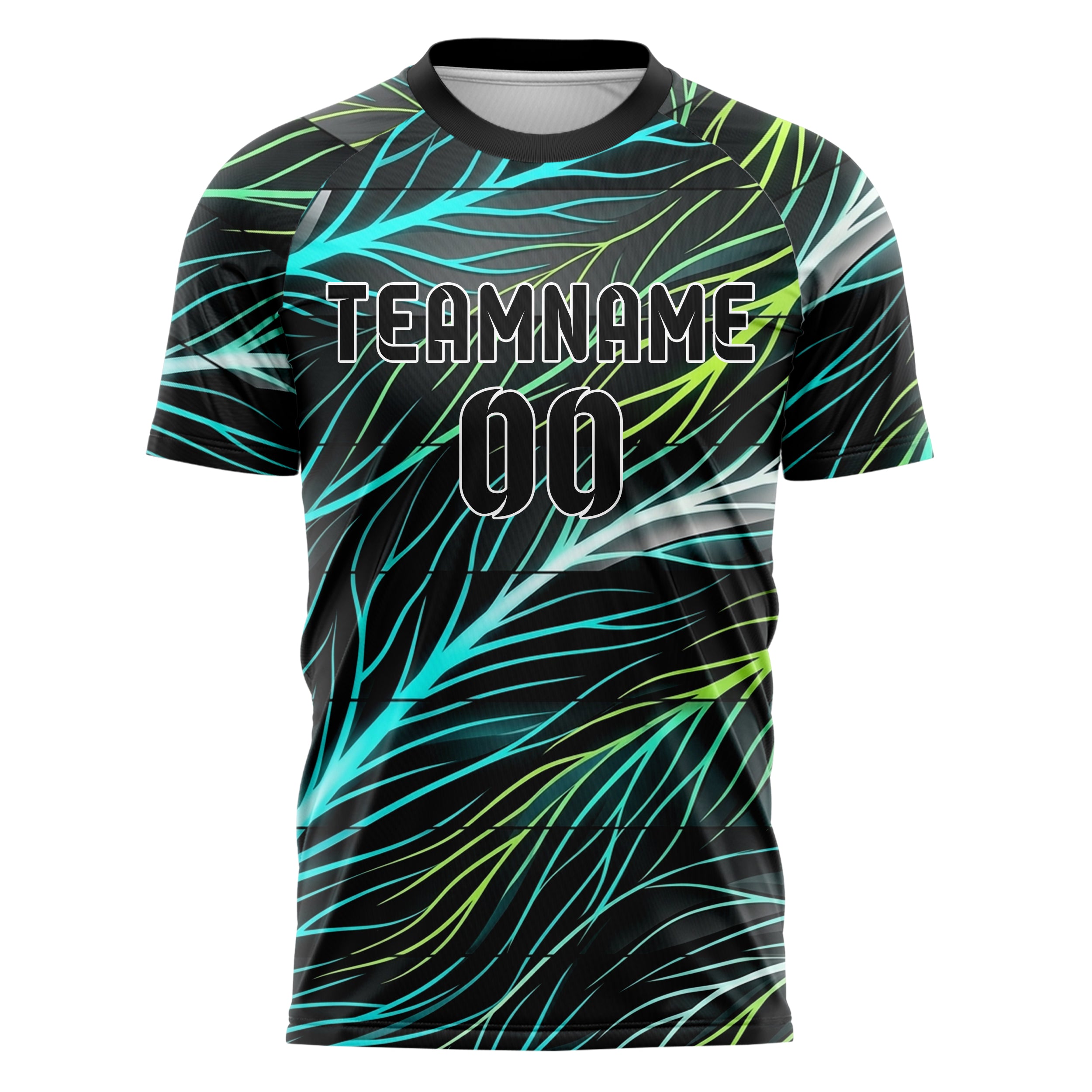 Schwarz Cyan Limette Weiß Blattadern Vektor Schwung individuelles Fußballtrikot