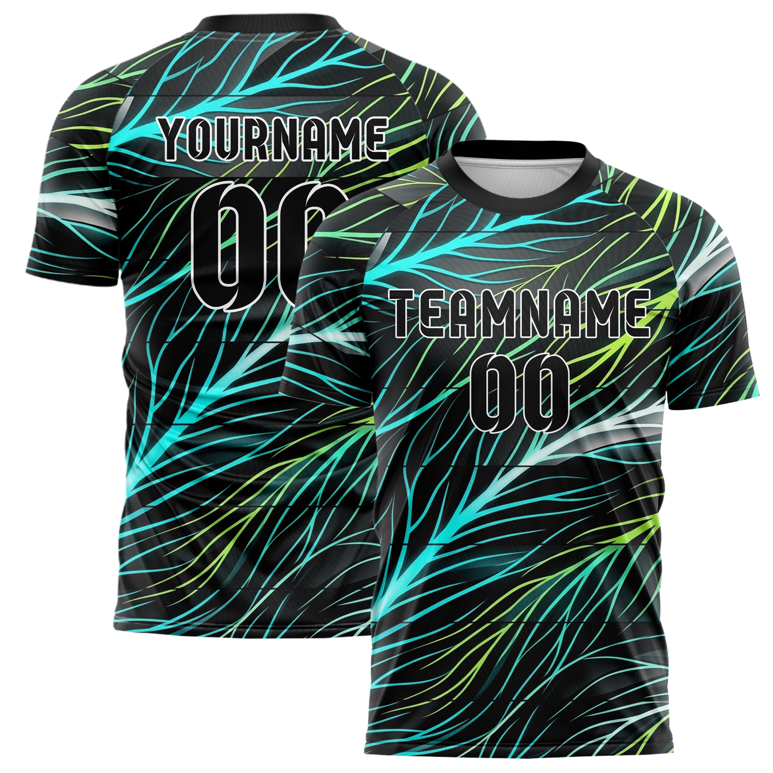 Schwarz Cyan Limette Weiß Blattadern Vektor Schwung individuelles Fußballtrikot