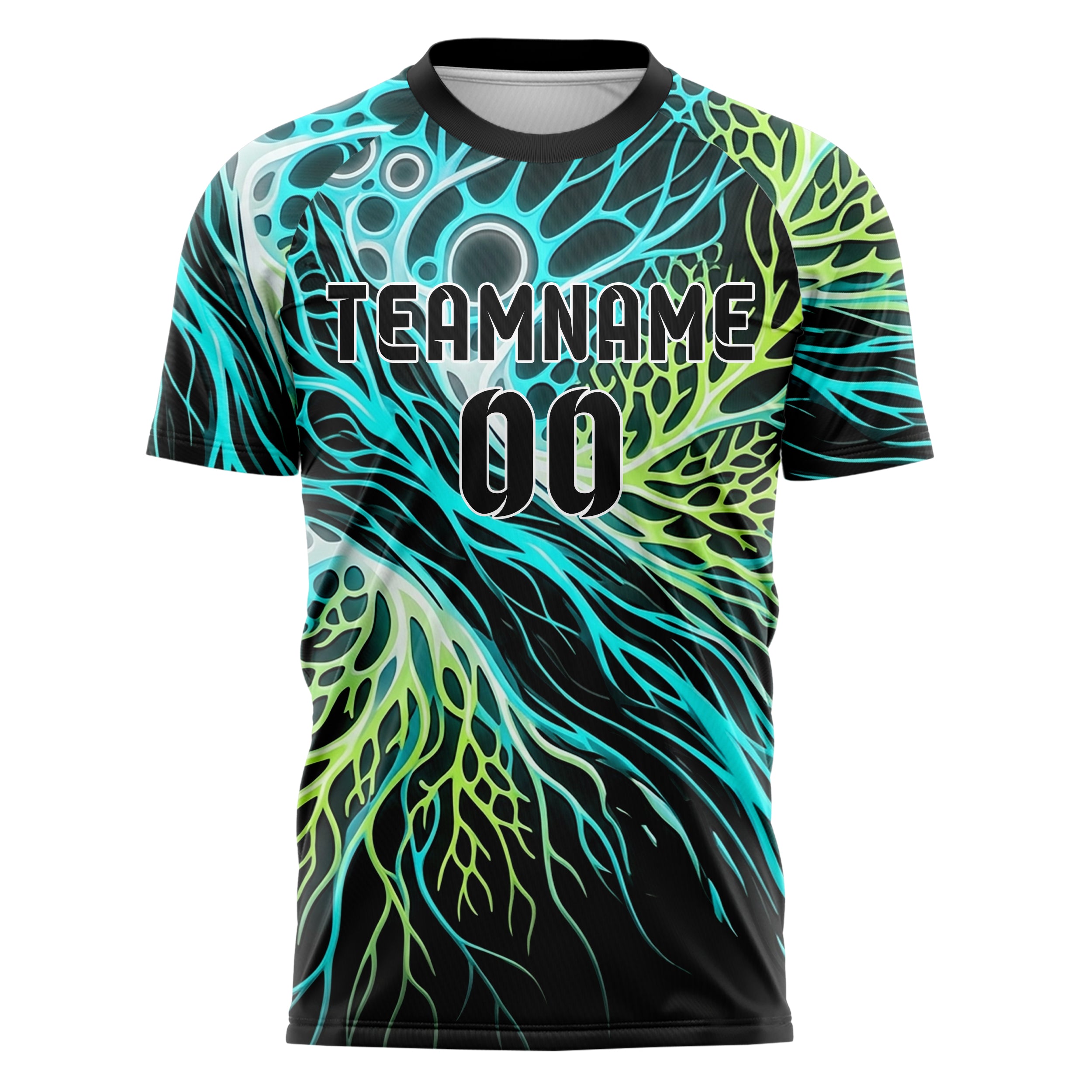 Schwarz Cyan Limette Weiß biolumineszent Zell Ausbruch individuelles Fußballtrikot
