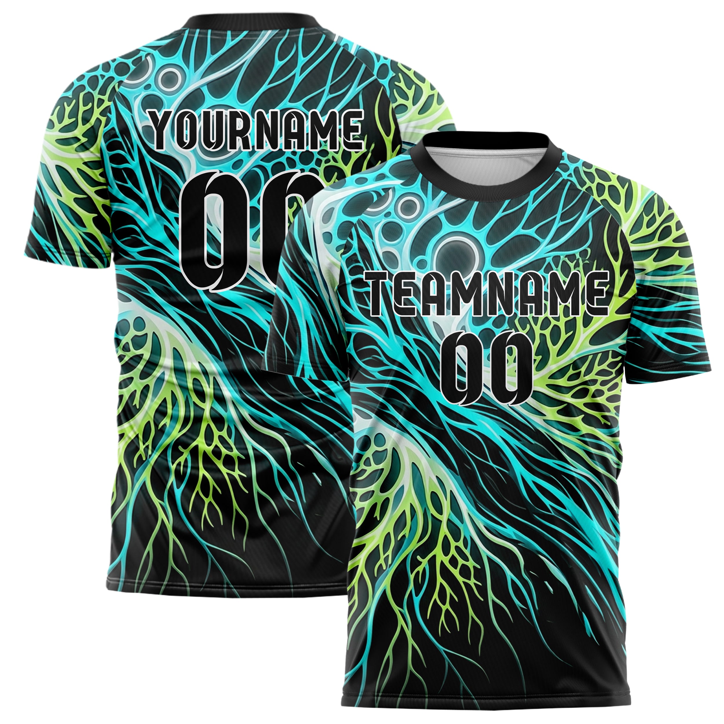 Schwarz Cyan Limette Weiß biolumineszent Zell Ausbruch individuelles Fußballtrikot