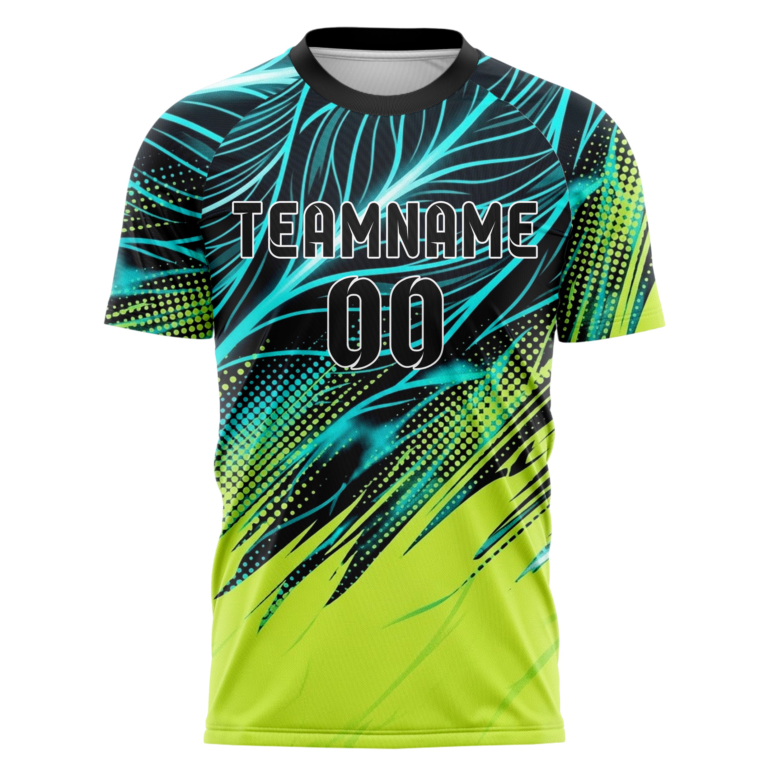 Schwarz Cyan Limette Weiß Blattadern Vektor Schwung individuelles Fußballtrikot