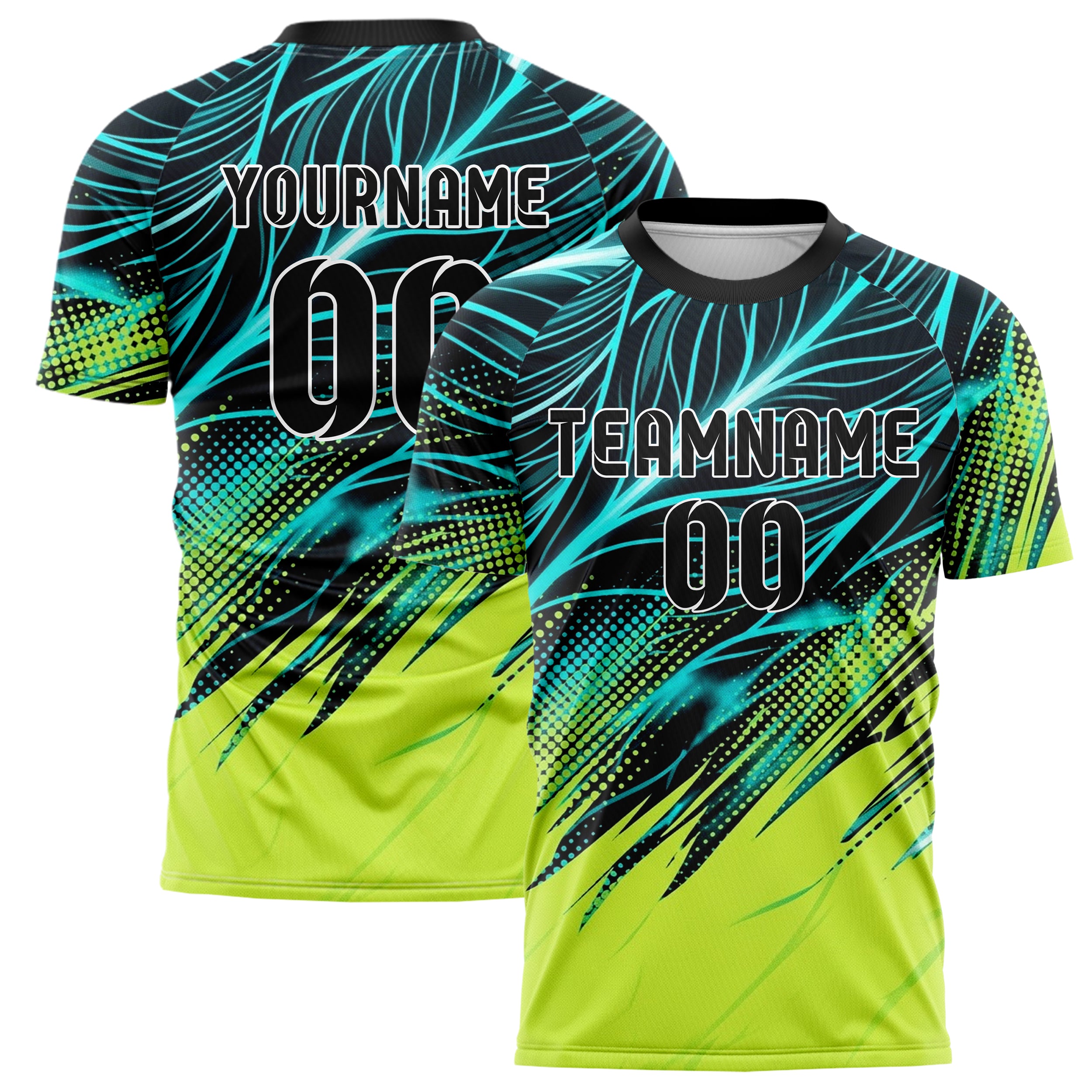 Schwarz Cyan Limette Weiß Blattadern Vektor Schwung individuelles Fußballtrikot