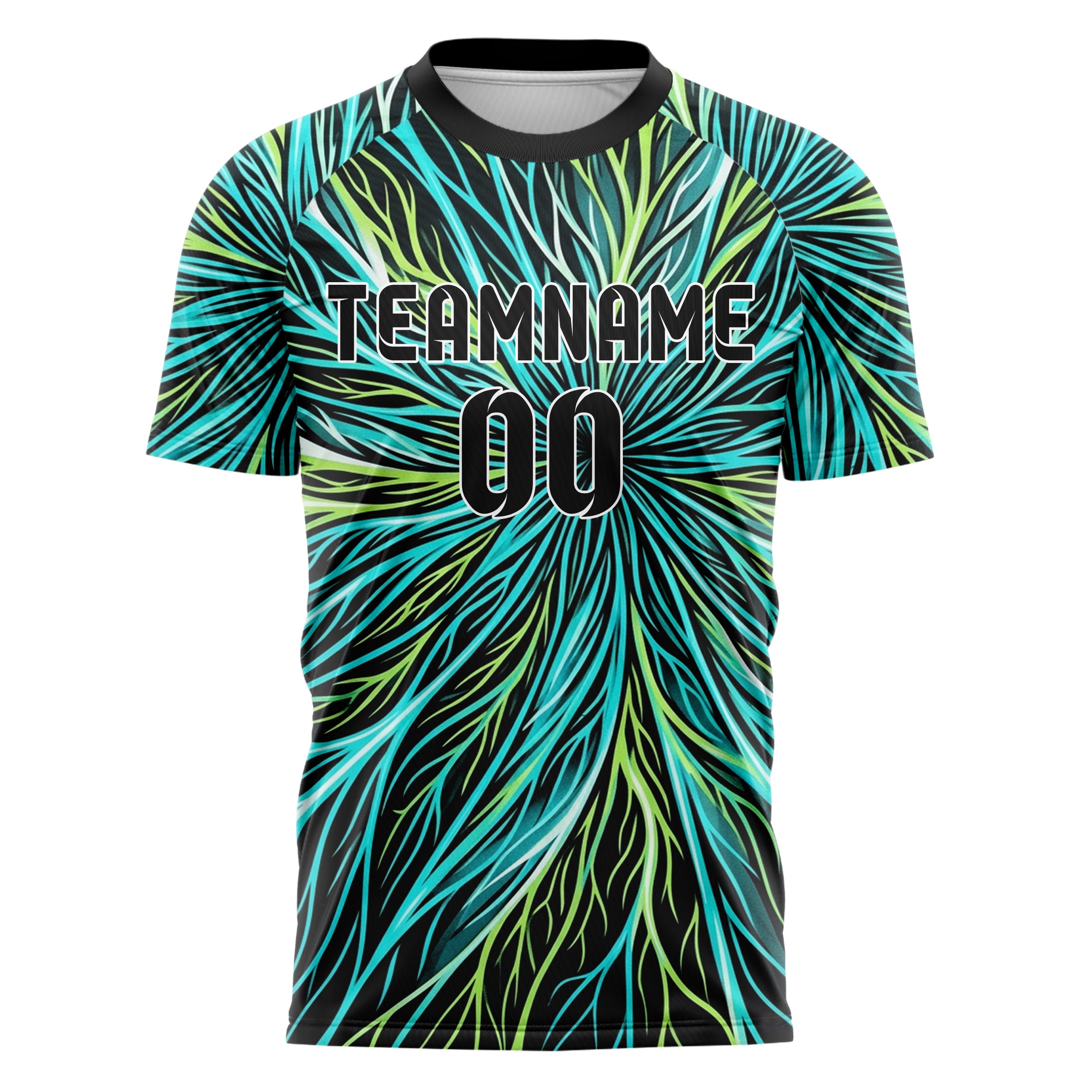 Schwarz Cyan Limette Weiß Blattadern Vektor Schwung individuelles Fußballtrikot