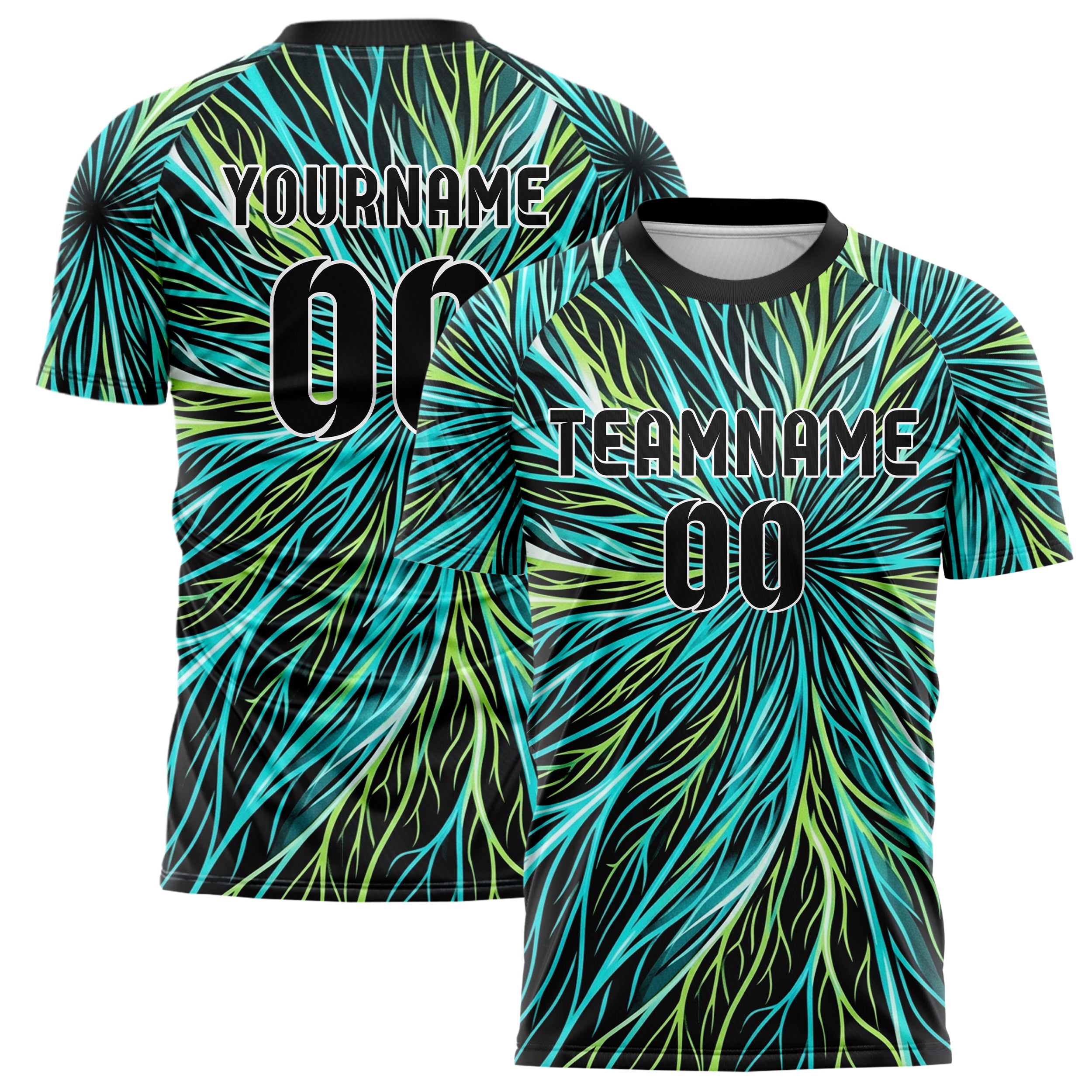 Schwarz Cyan Limette Weiß Blattadern Vektor Schwung individuelles Fußballtrikot