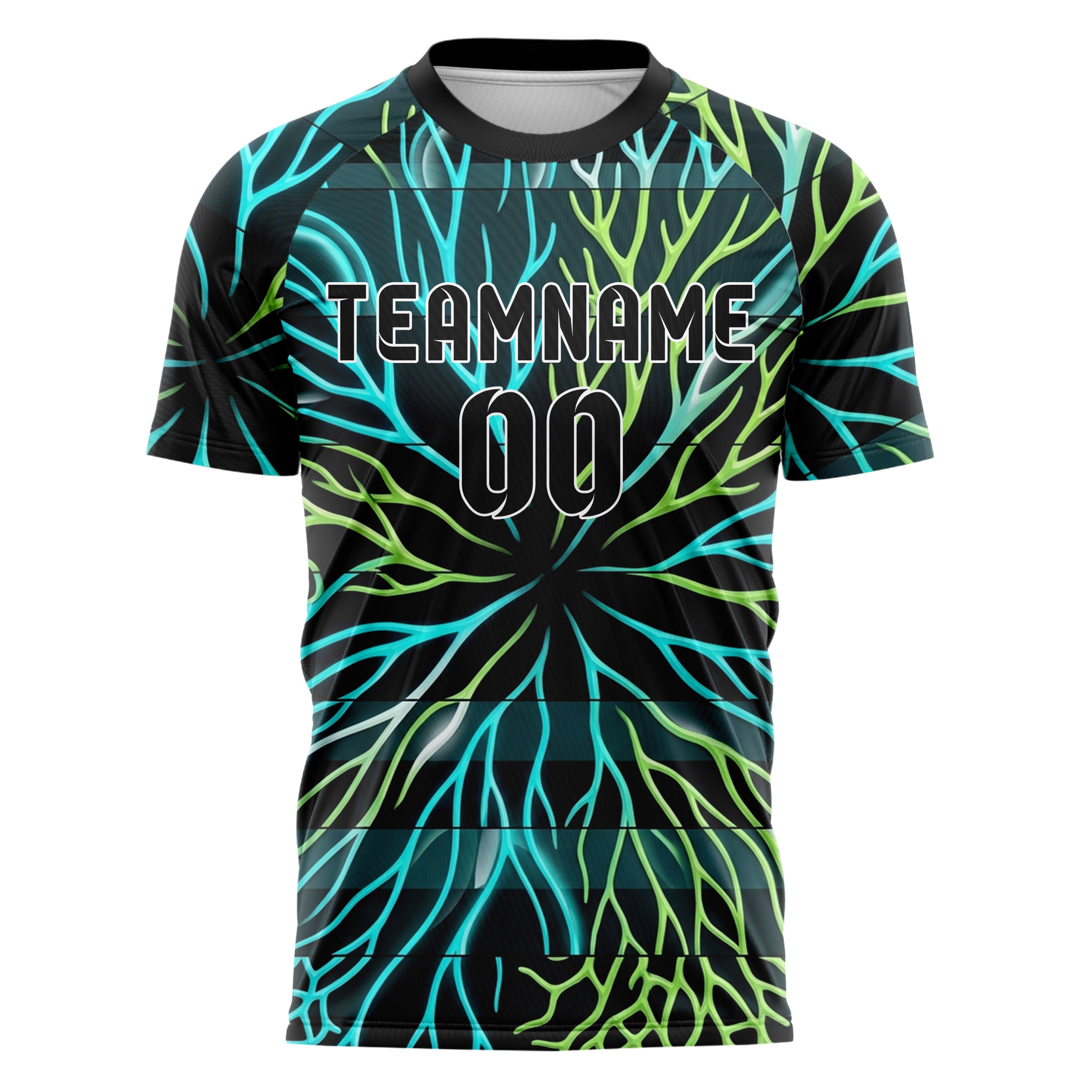 Schwarz Cyan Limette Weiß biolumineszent Zell Ausbruch individuelles Fußballtrikot