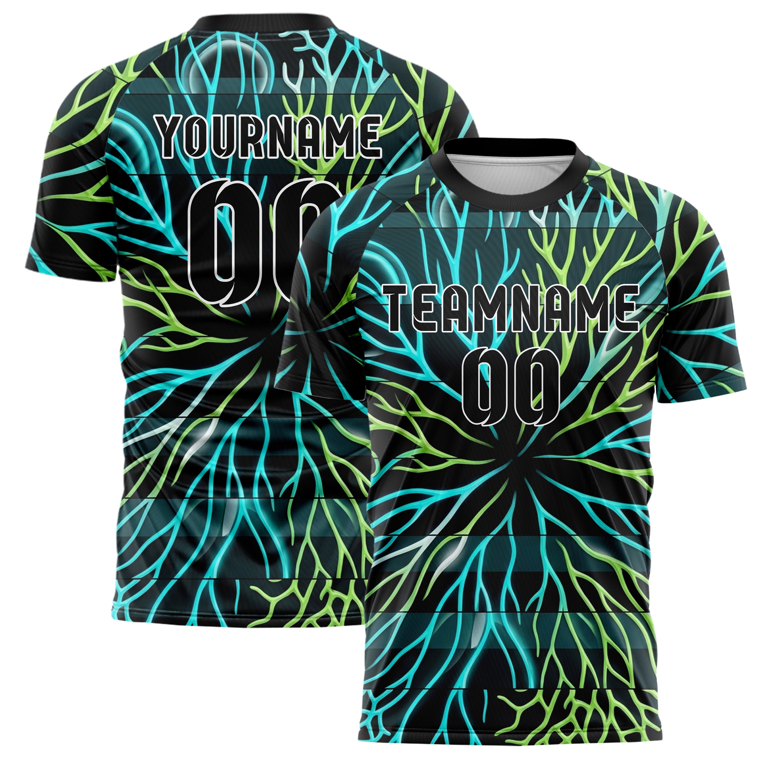 Schwarz Cyan Limette Weiß biolumineszent Zell Ausbruch individuelles Fußballtrikot