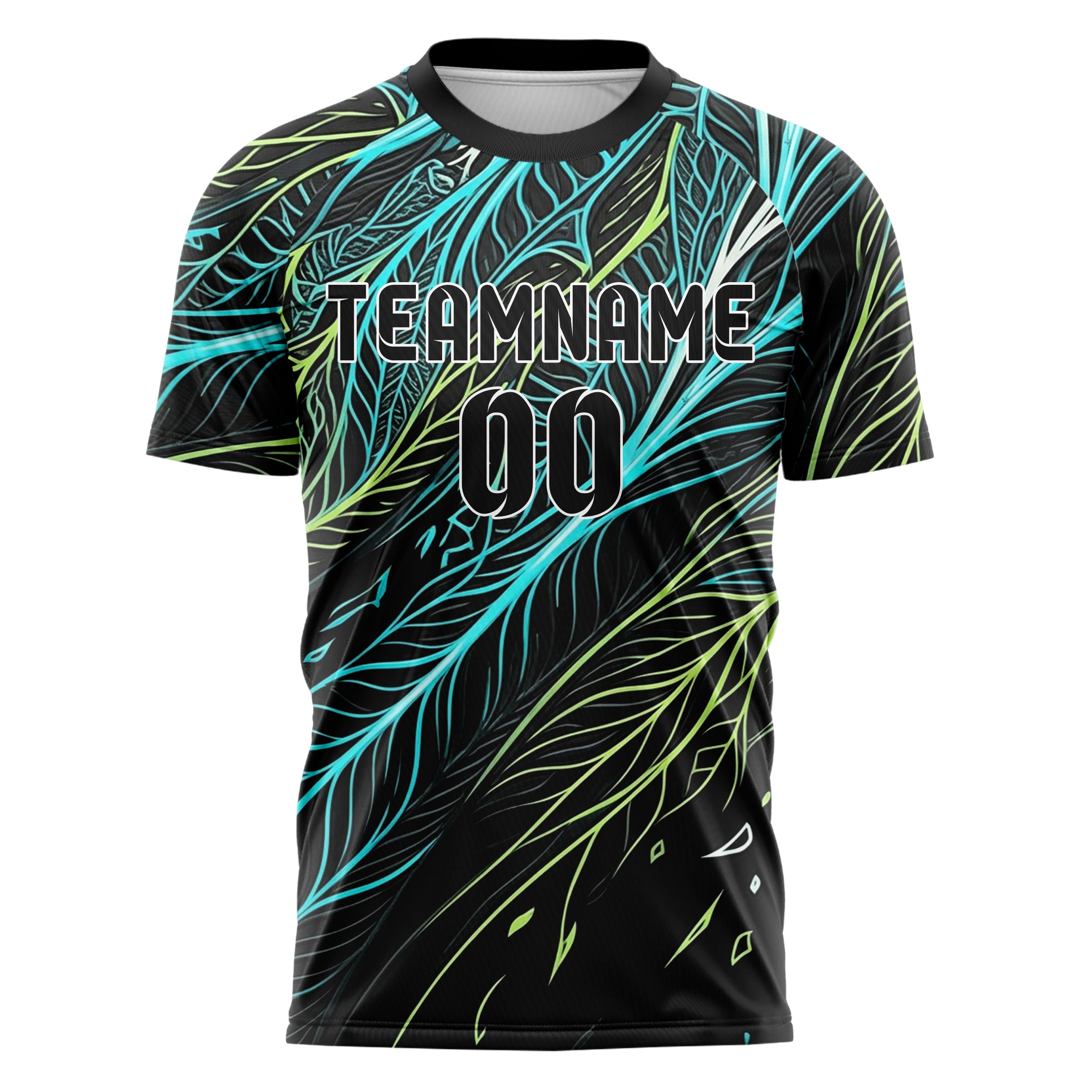 Schwarz Cyan Limette Weiß Blattadern Vektor Schwung individuelles Fußballtrikot