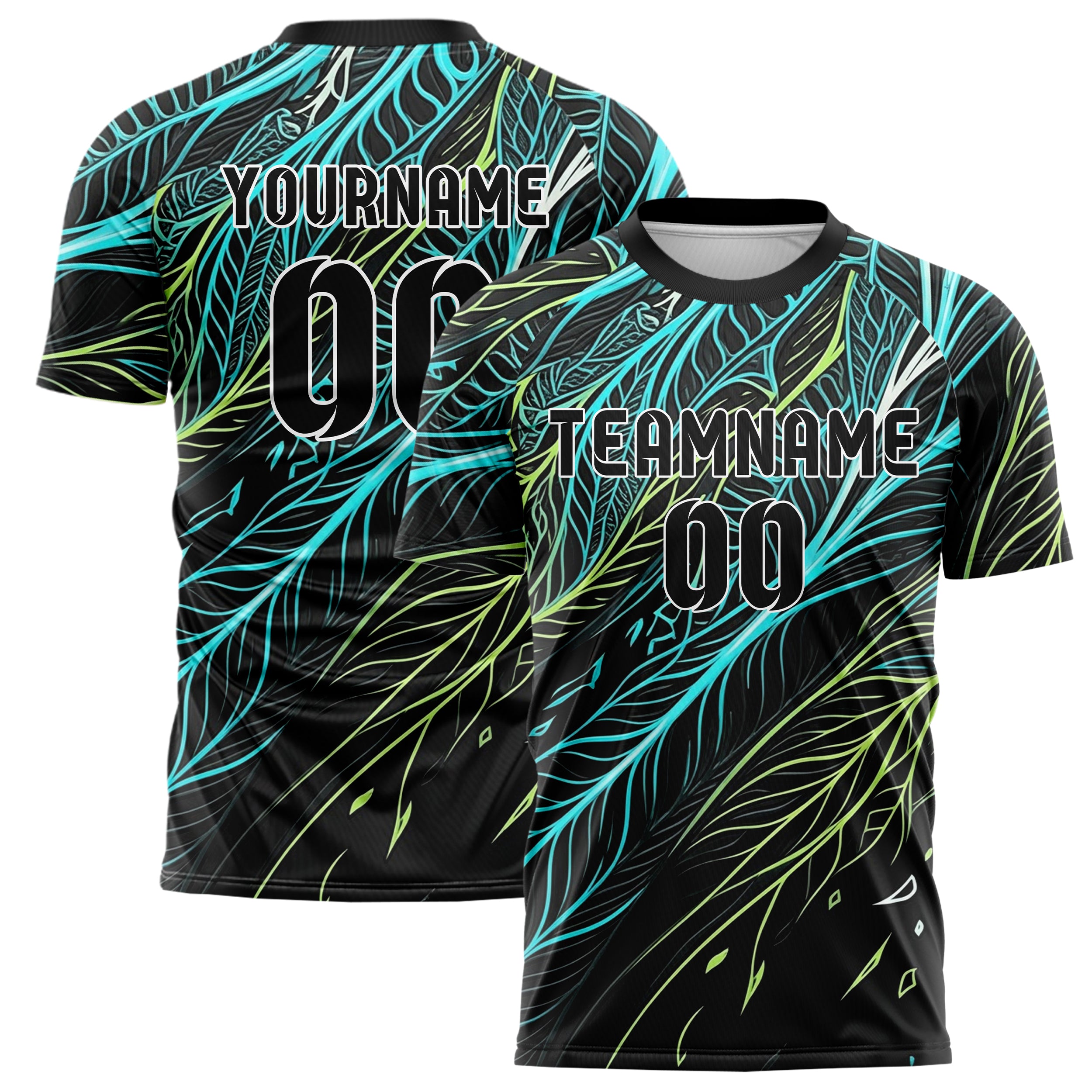 Schwarz Cyan Limette Weiß Blattadern Vektor Schwung individuelles Fußballtrikot