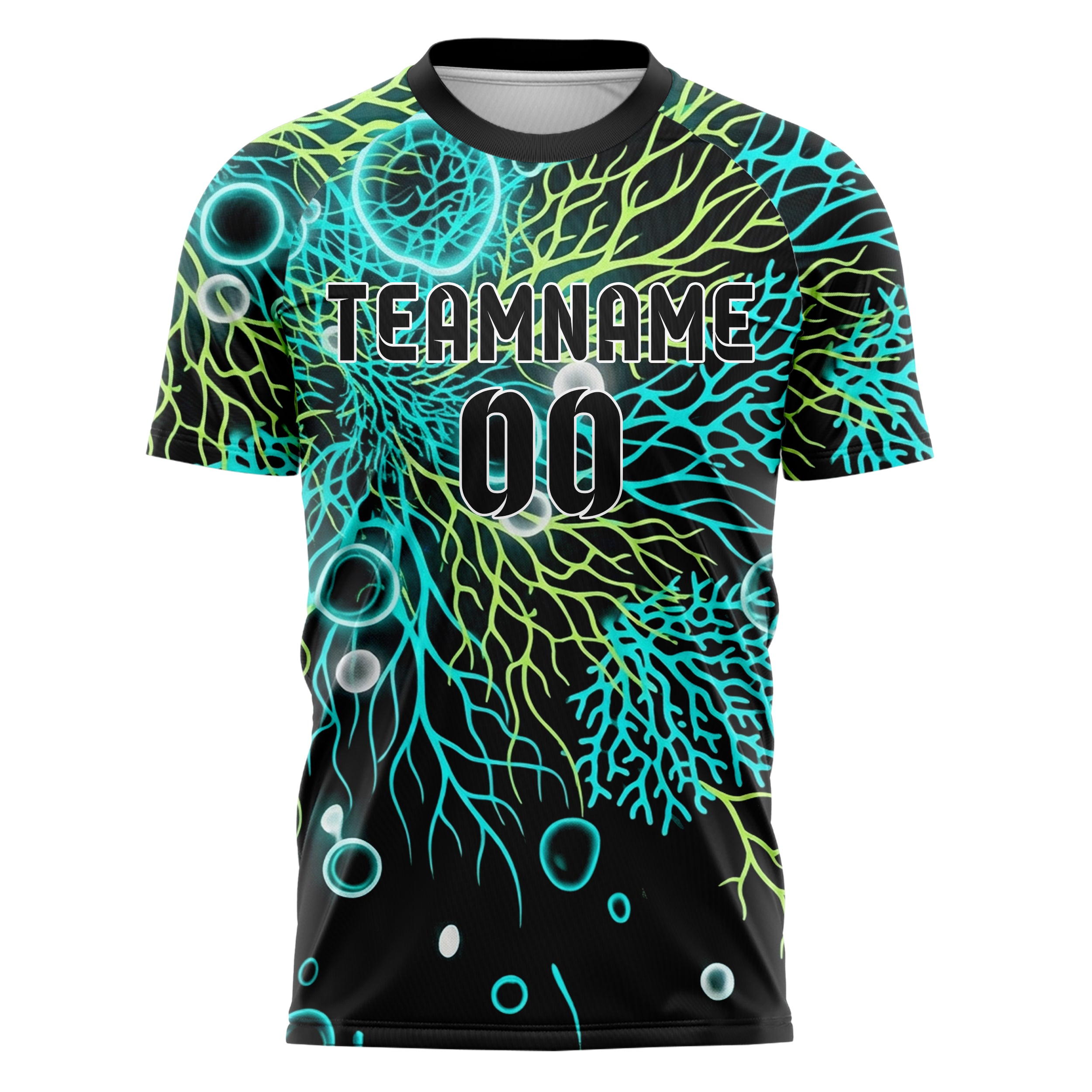 Schwarz Cyan Limette Weiß biolumineszent Zell Ausbruch individuelles Fußballtrikot