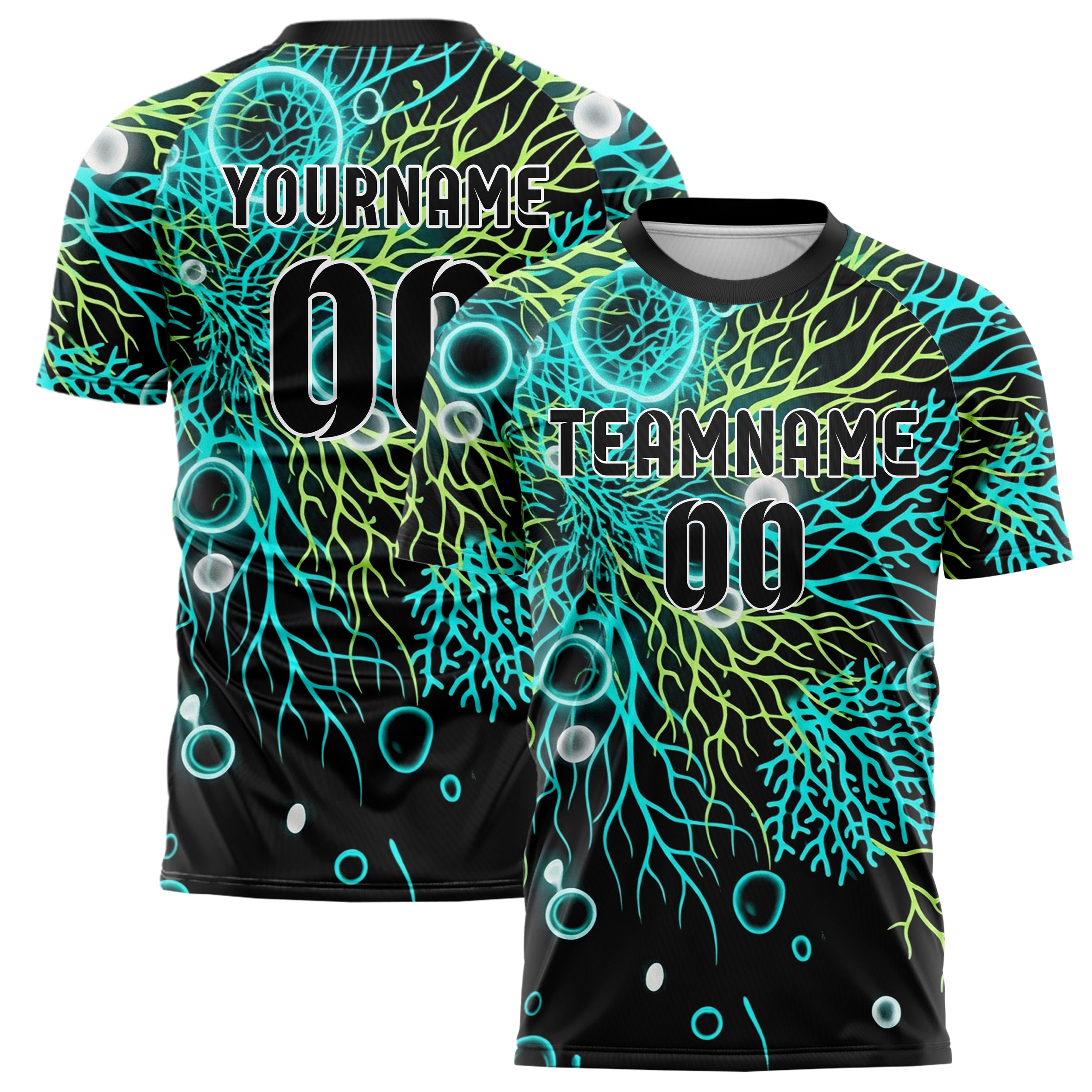 Schwarz Cyan Limette Weiß biolumineszent Zell Ausbruch individuelles Fußballtrikot