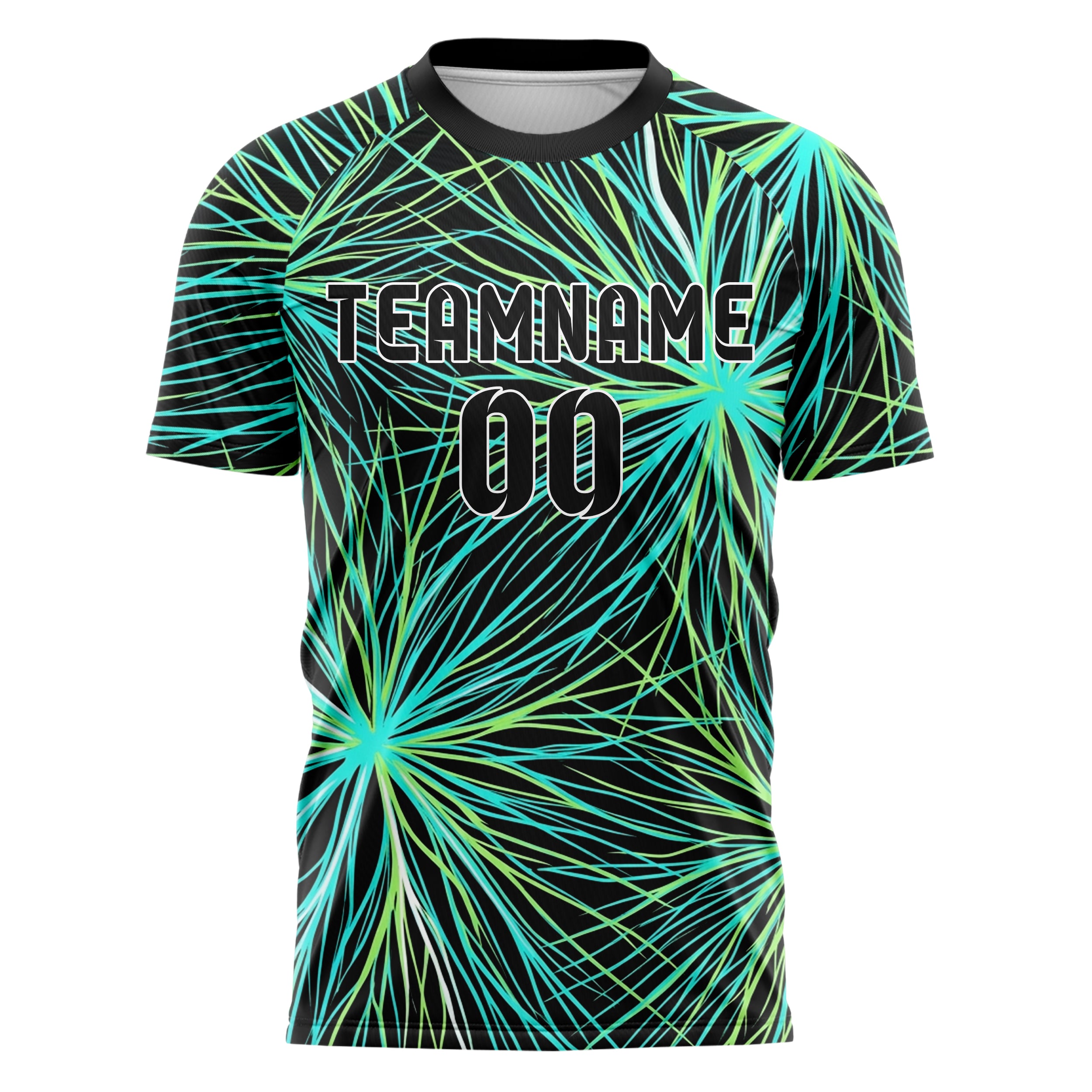 Schwarz Cyan Limette Weiß Blattadern Vektor Schwung individuelles Fußballtrikot