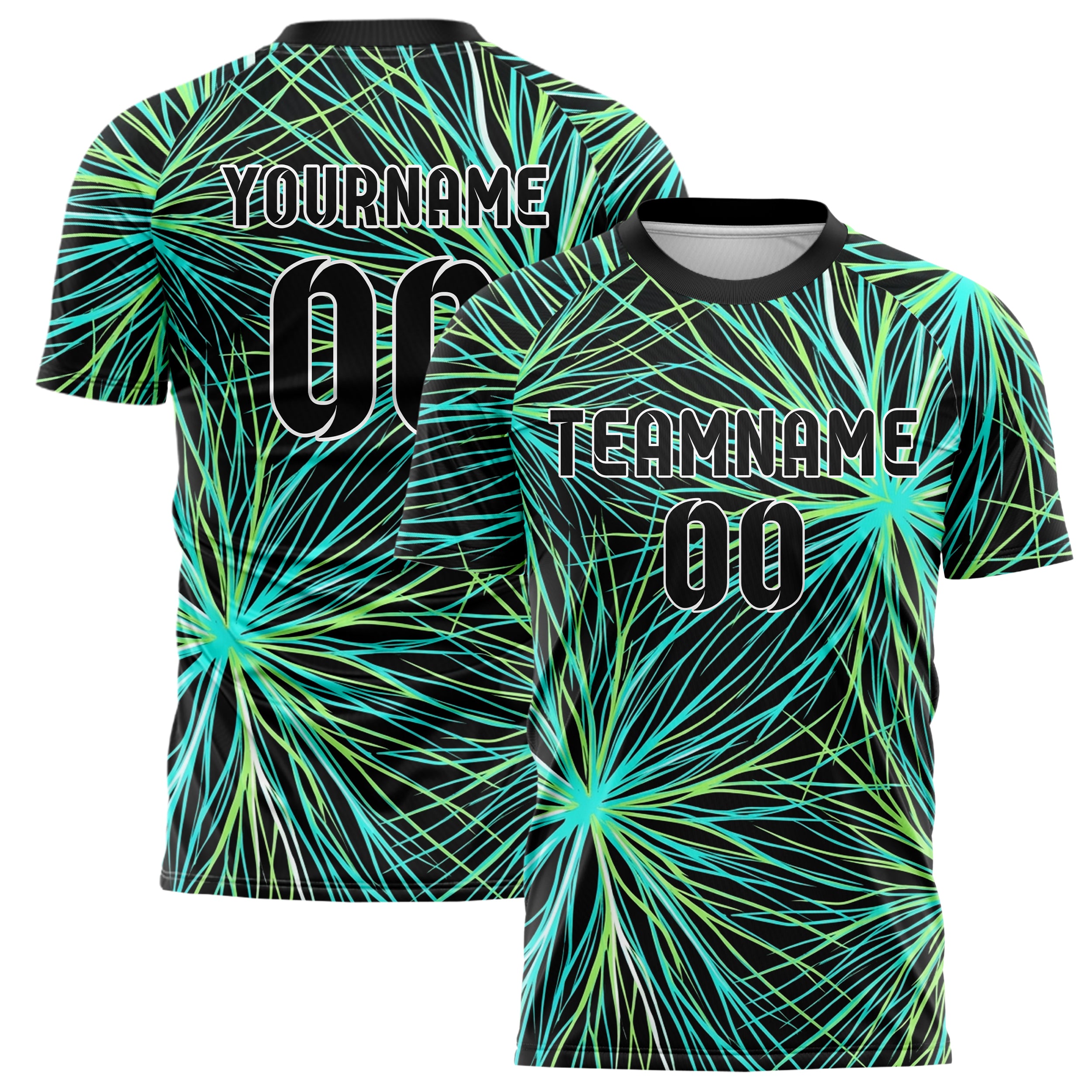 Schwarz Cyan Limette Weiß Blattadern Vektor Schwung individuelles Fußballtrikot