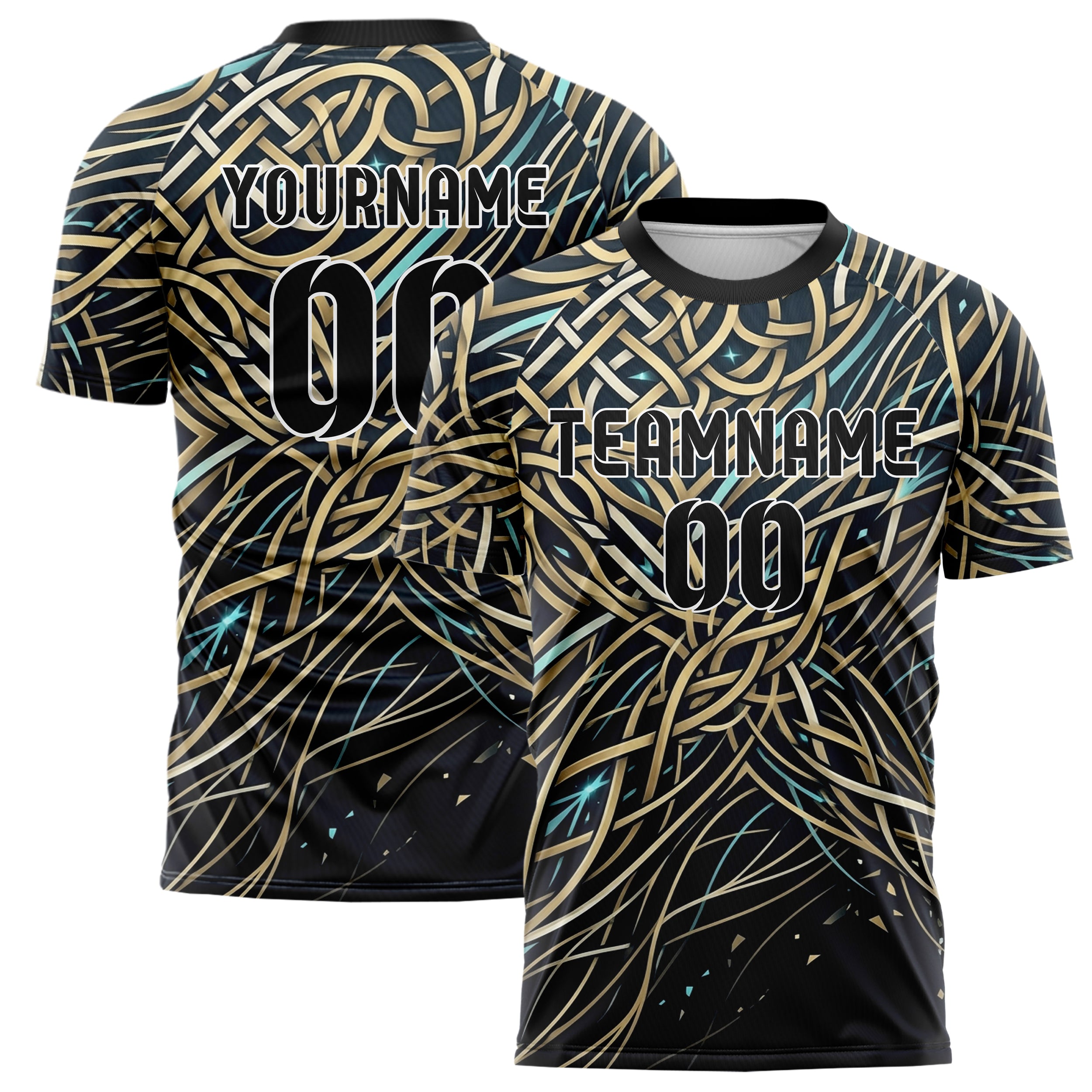 Mitternacht Gold Elfenbein Cyan Knotenwerk Strömung Netz individuelles Fußballtrikot