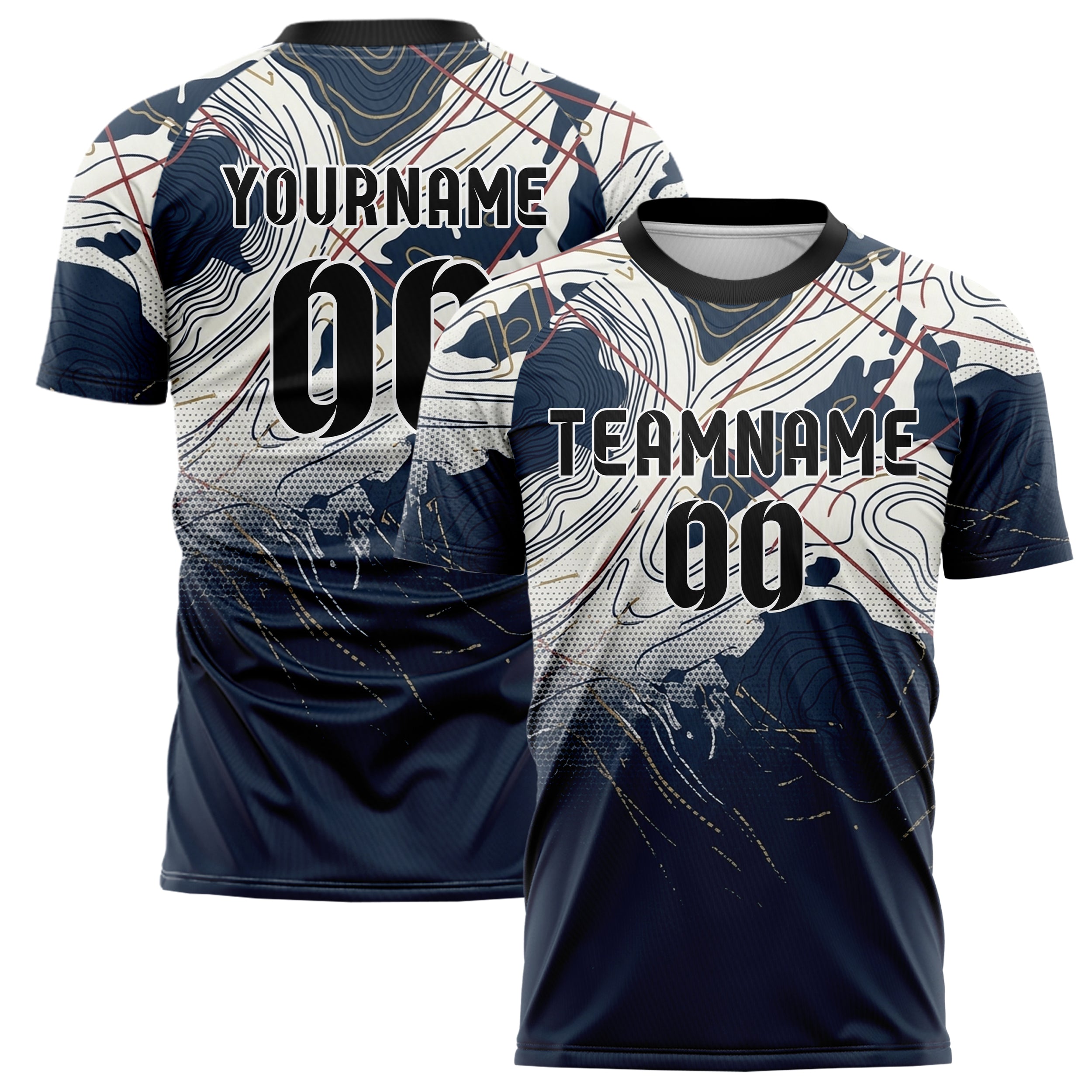 Marineblau Weiß Rot Gold Ozean Diagramm Drift individuelles Fußballtrikot