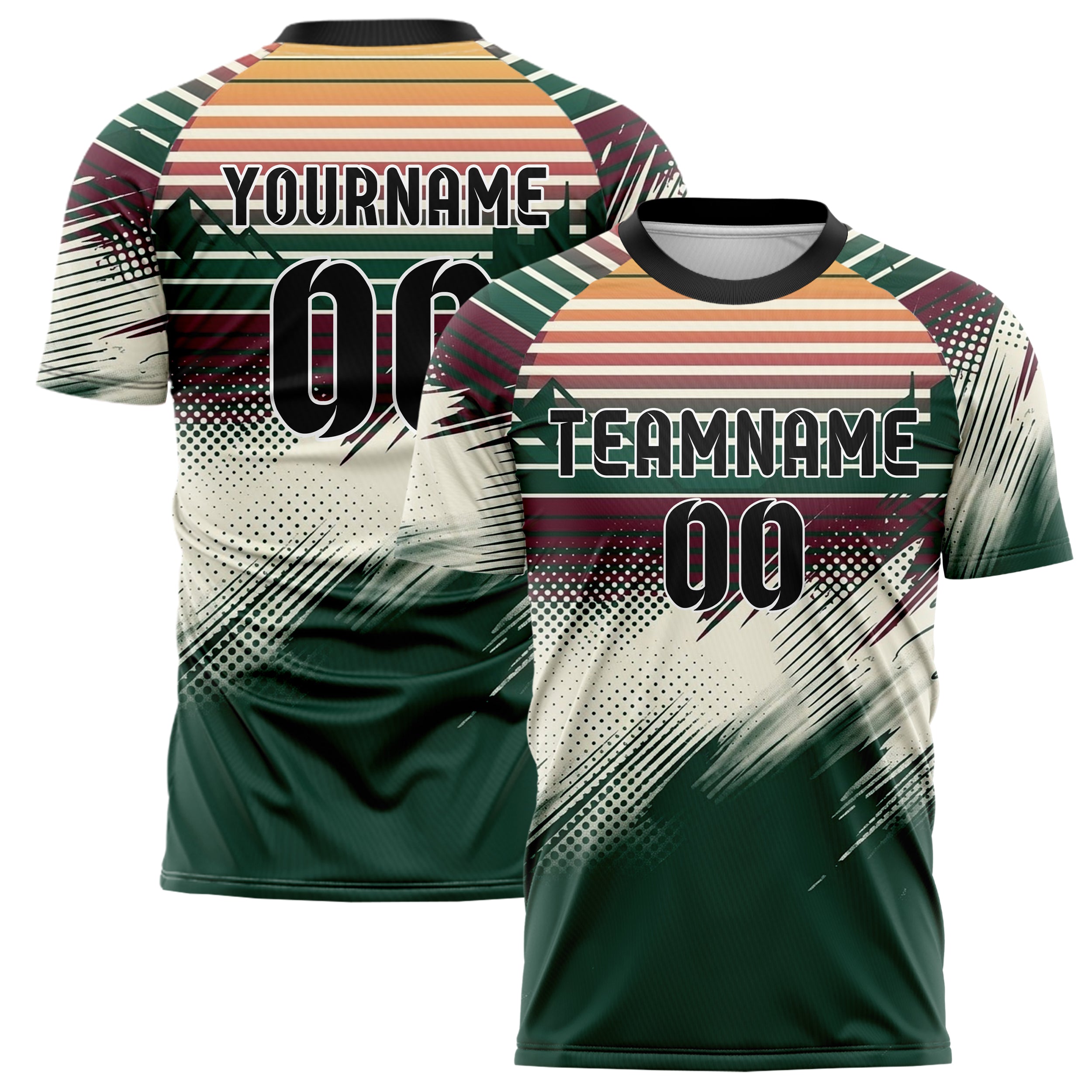 Waldgrün Bordeauxrot Creme Retro Sonnenuntergang Farbverlauf individuelles Fußballtrikot