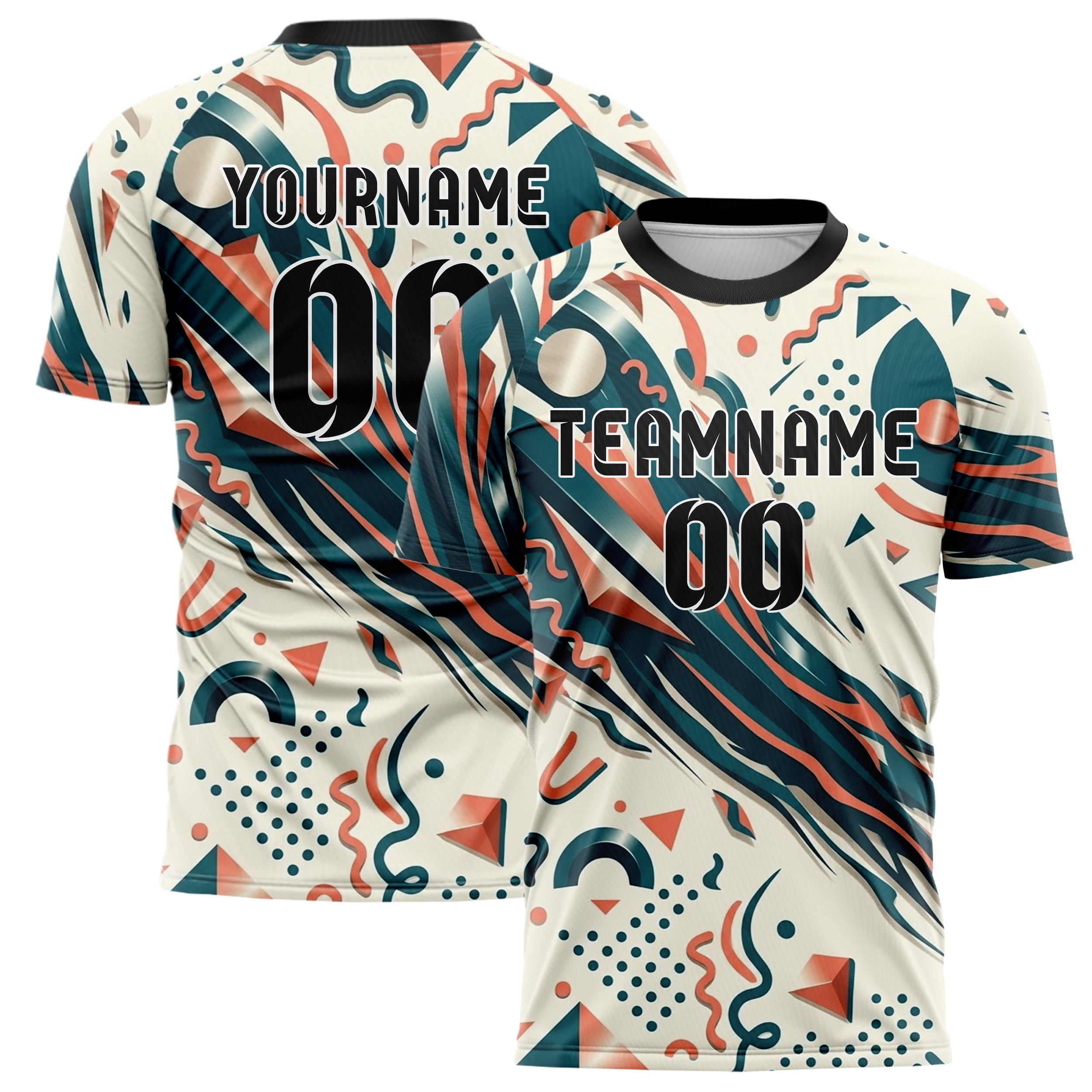Weiß Petrol Koralle geometrischer Memphis Mix individuelles Fußballtrikot