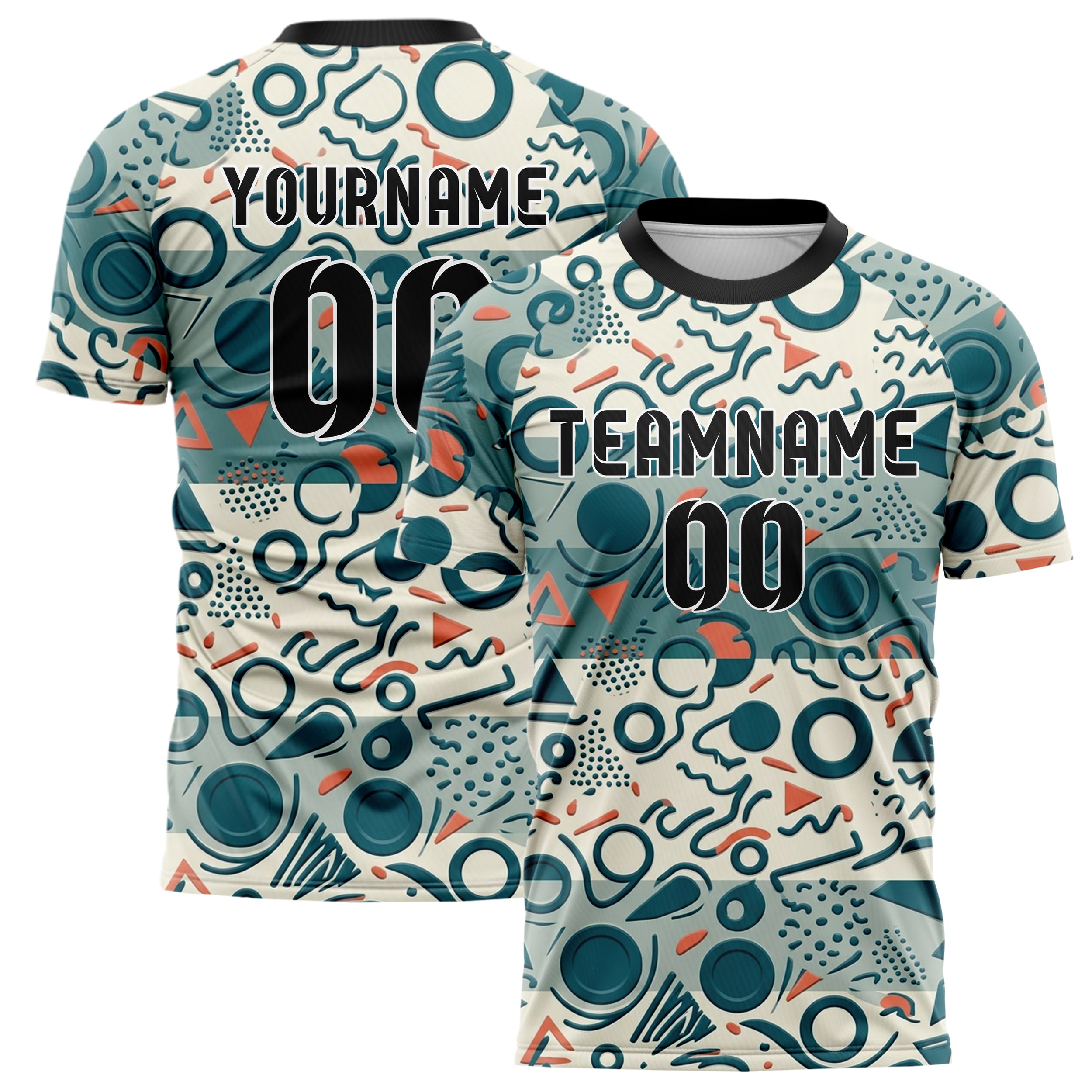Weiß Petrol Koralle geometrischer Memphis Mix individuelles Fußballtrikot