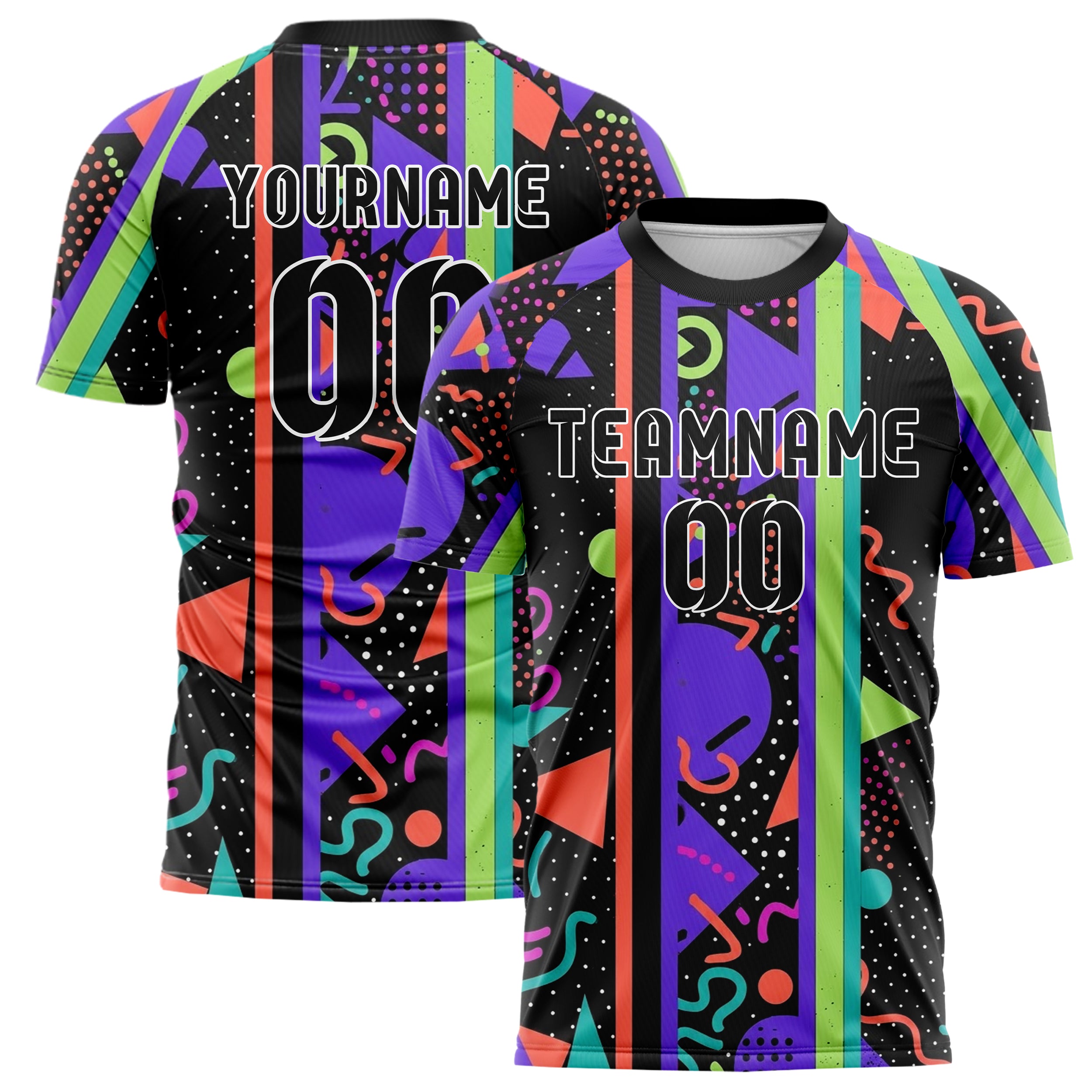 Schwarz Multicolor Splatter geometrischer Memphis Mix individuelles Fußballtrikot