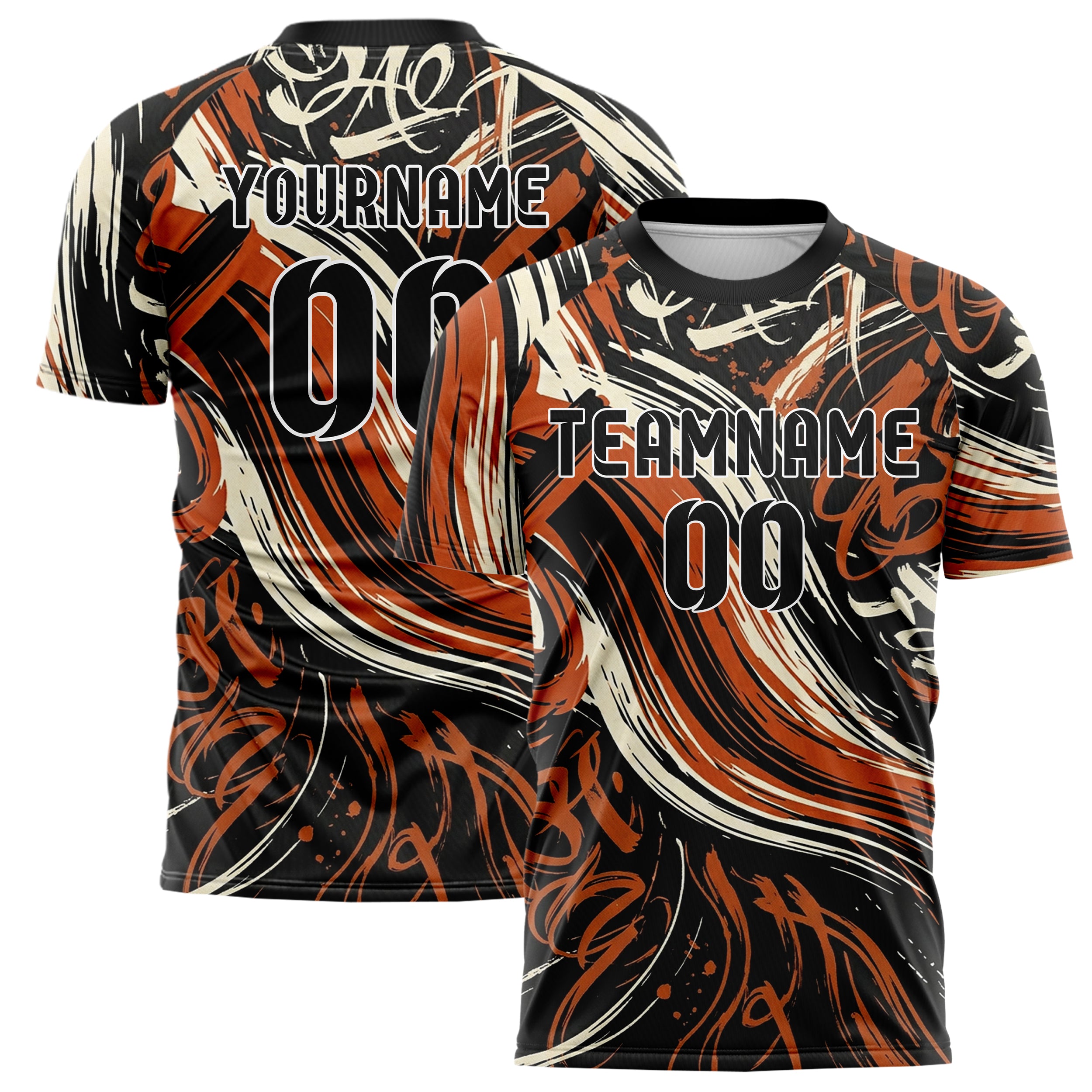 Schwarz Orange Creme gestische Pinselstrich Optik individuelles Fußballtrikot