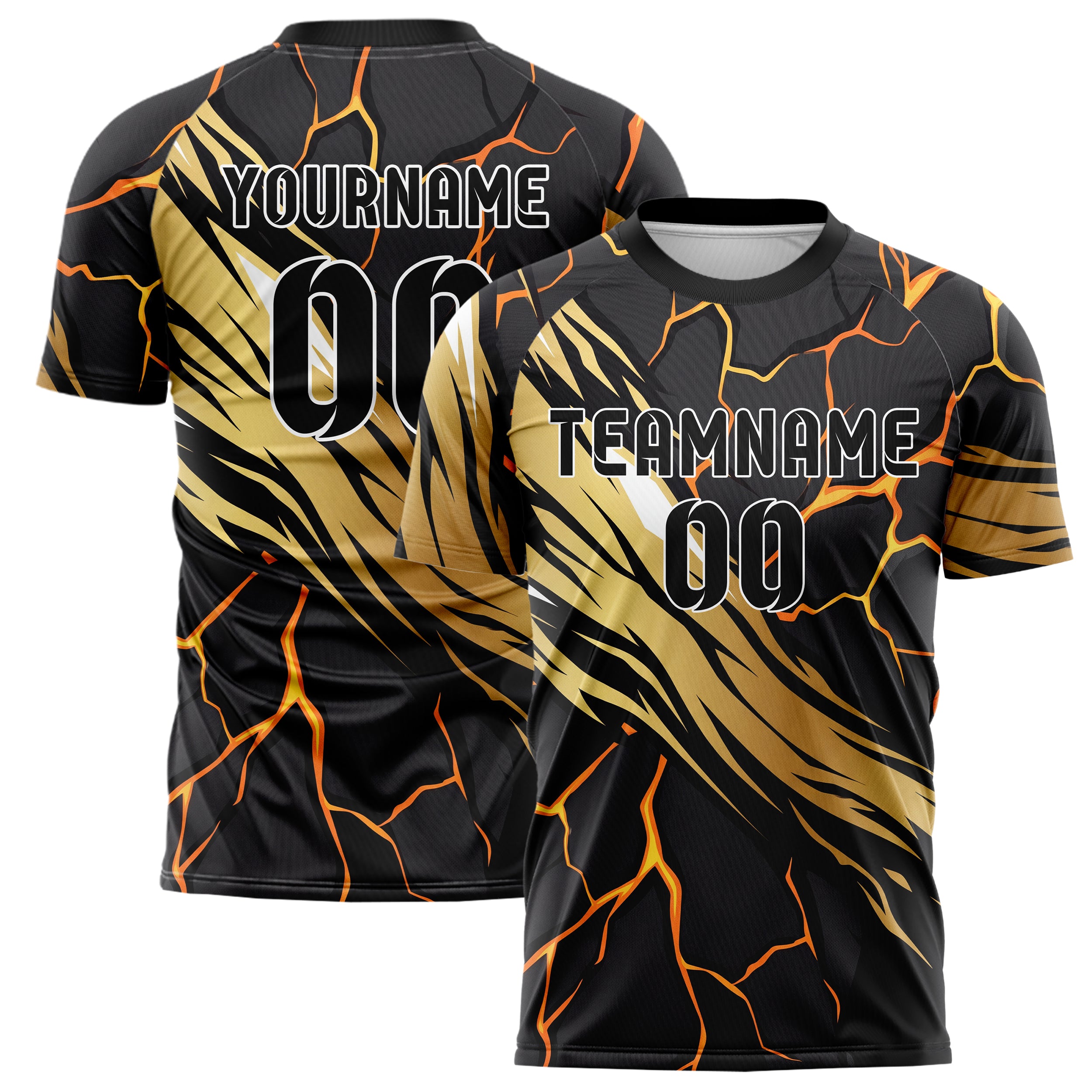Schwarz Gold Weiß Magma Riss Terrain individuelles Fußballtrikot