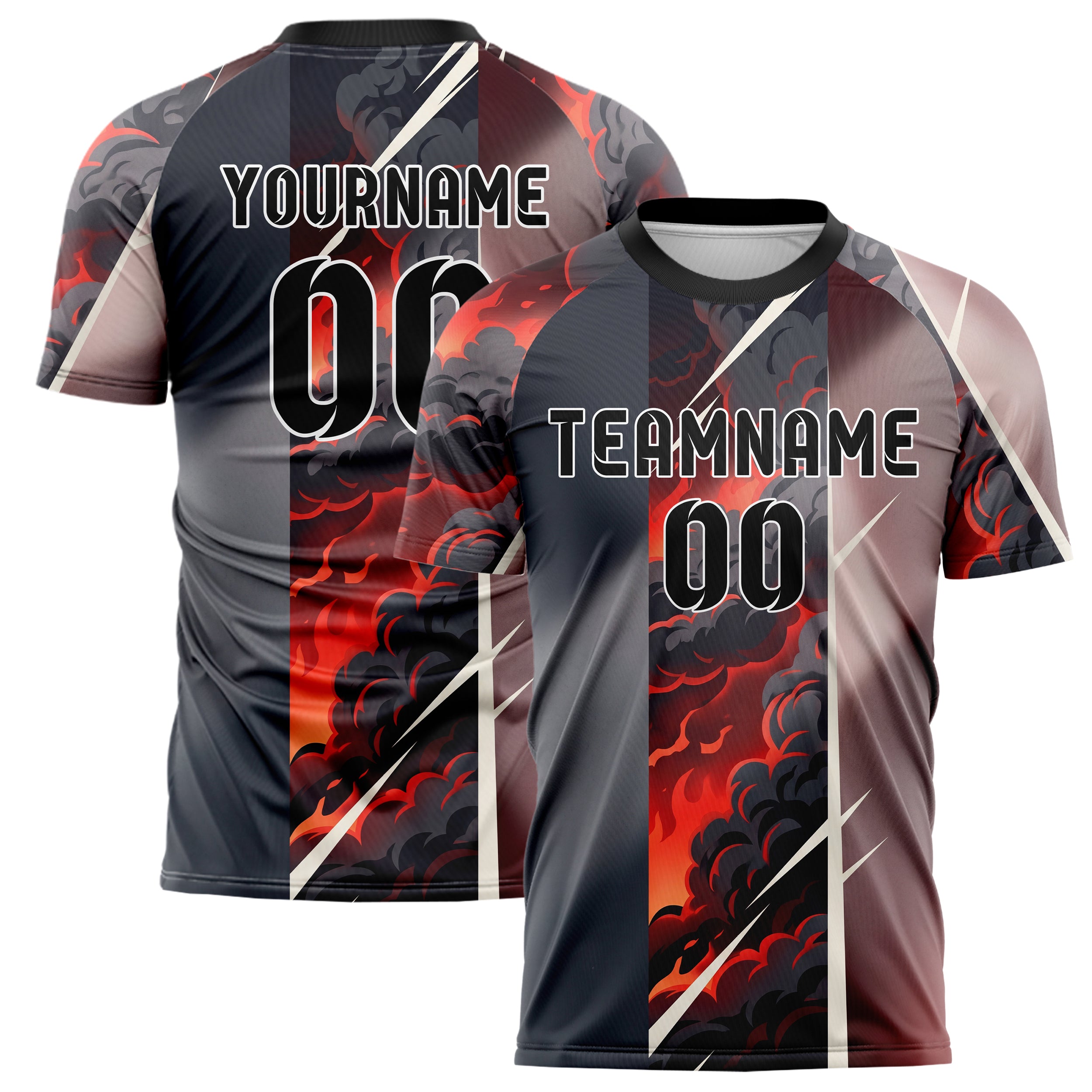 Schwarz Rot Weiß Rauch und Feuer Abstrakt individuelles Fußballtrikot
