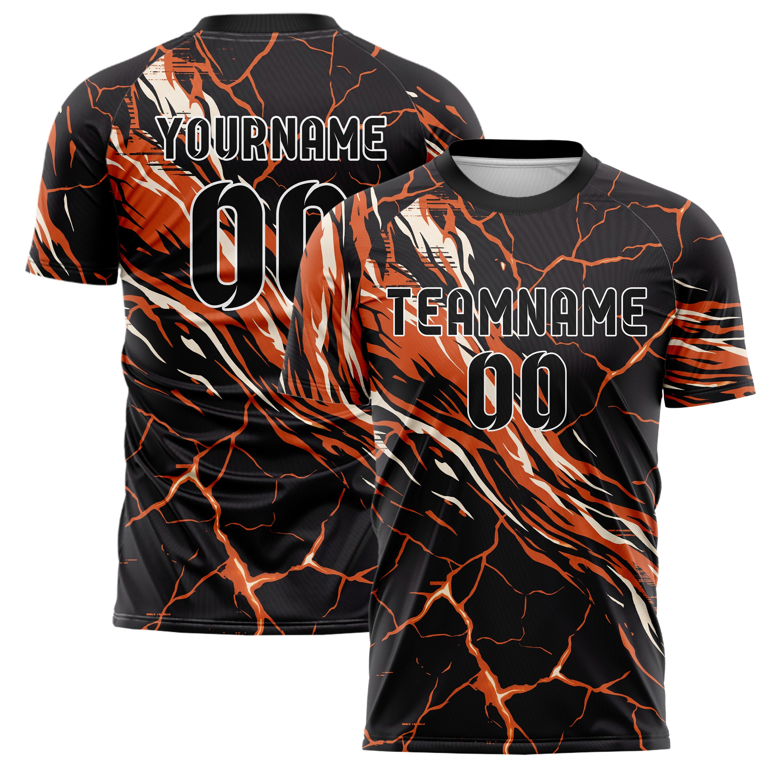 Schwarz Orange Weiß Magma Riss Terrain individuelles Fußballtrikot