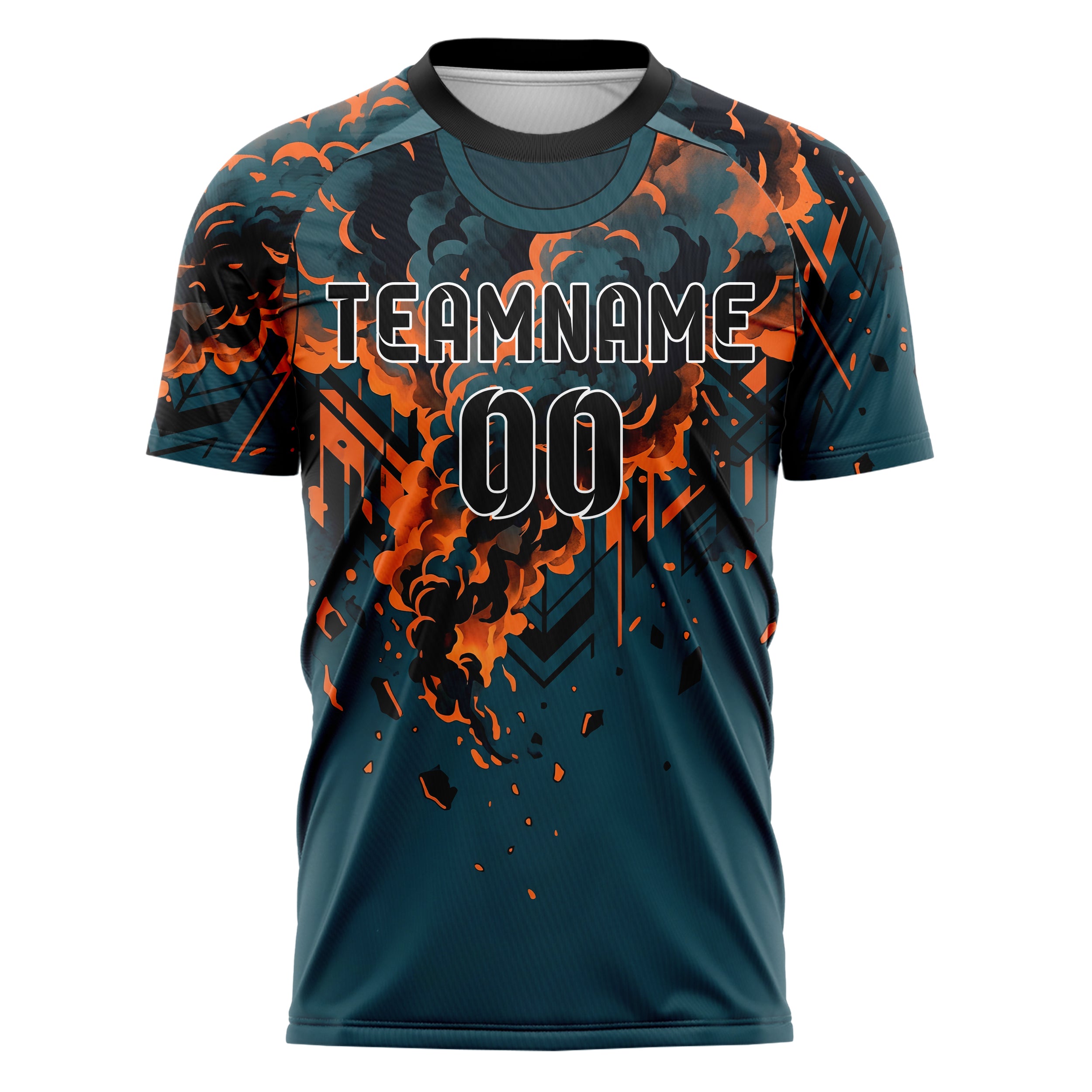 Petrol Orange Schwarz Rauch und Feuer Abstrakt individuelles Fußballtrikot