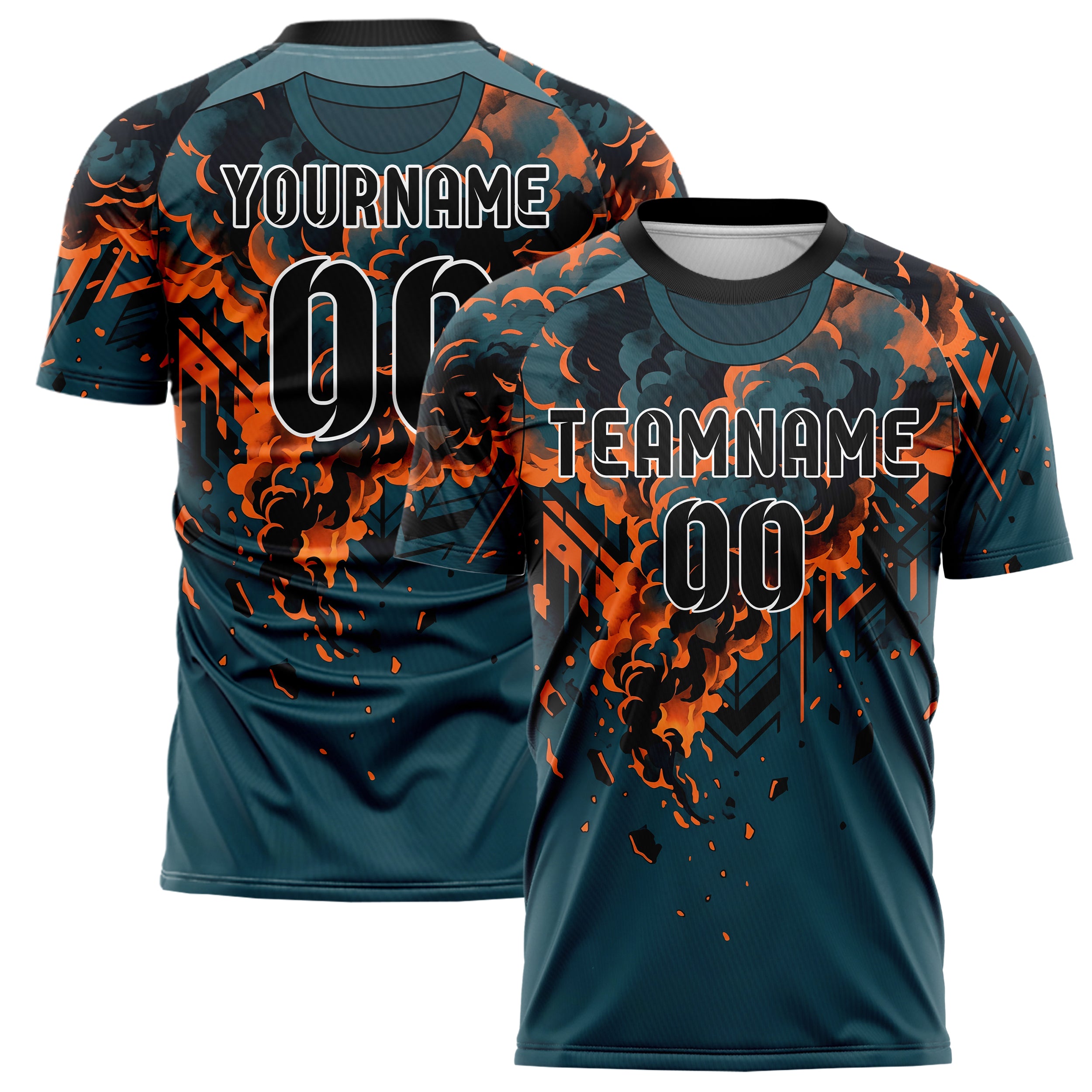 Petrol Orange Schwarz Rauch und Feuer Abstrakt individuelles Fußballtrikot