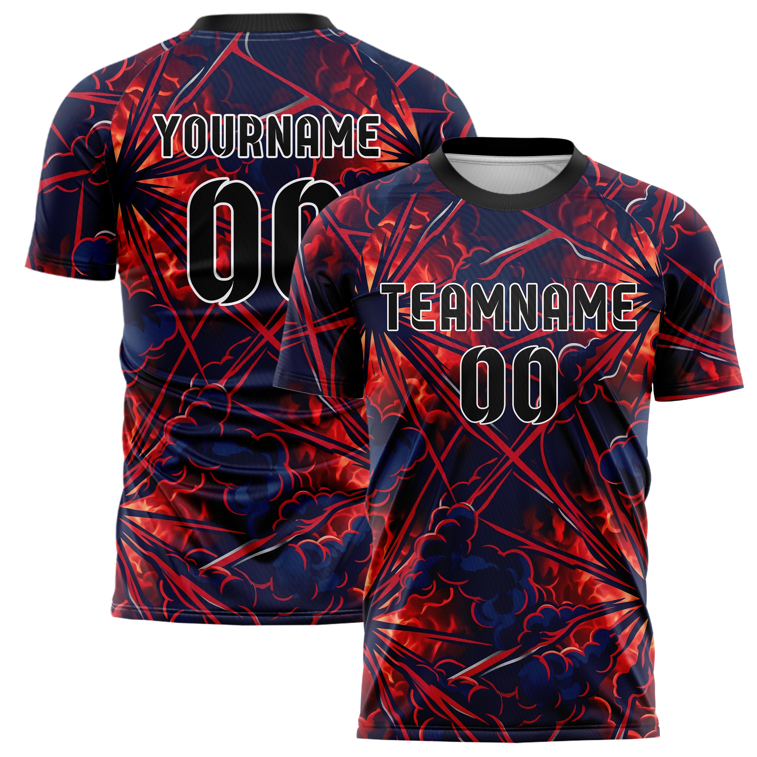 Marineblau Rot Silber Rauch und Feuer Abstrakt individuelles Fußballtrikot