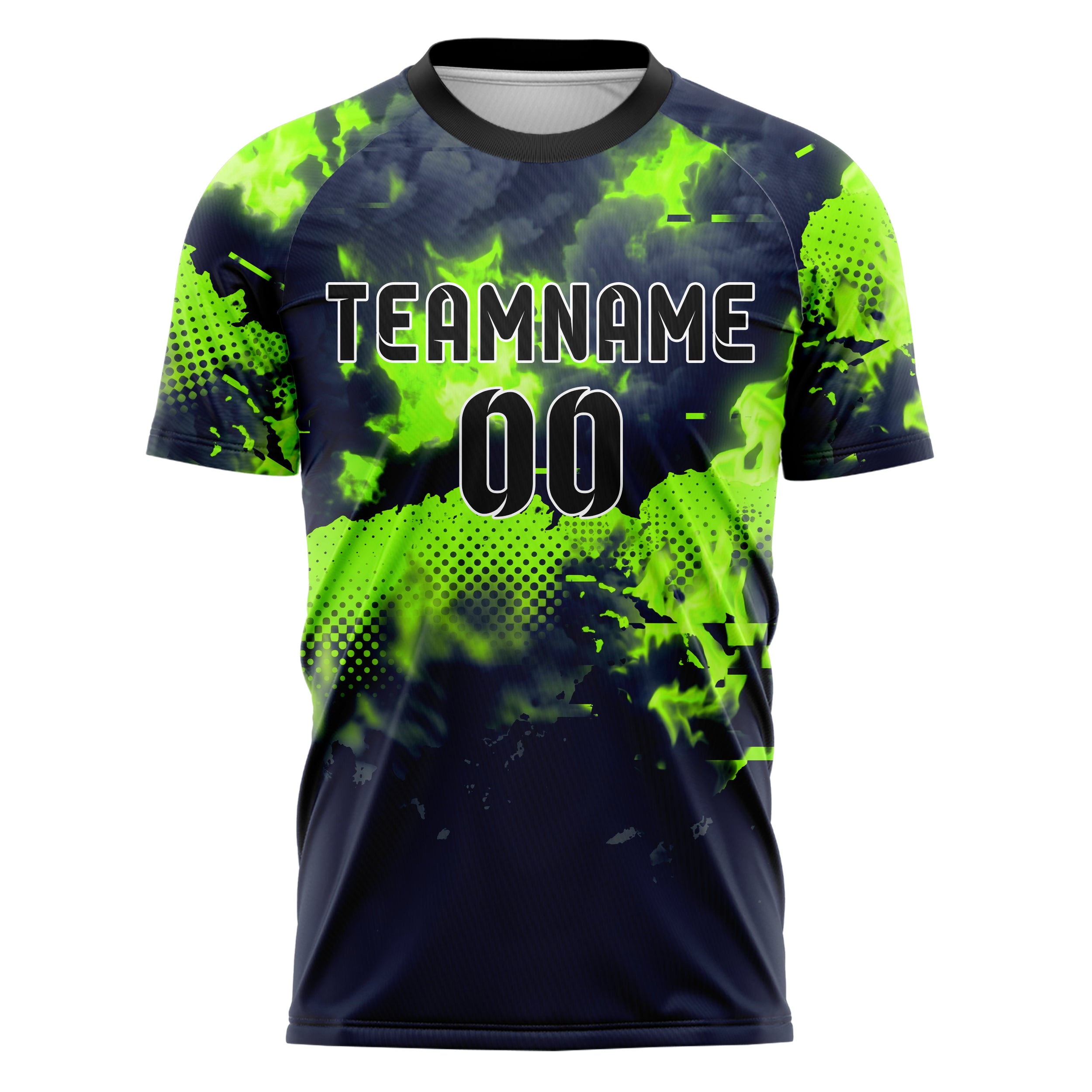Marineblau Neon Grün Rauch und Feuer Abstrakt individuelles Fußballtrikot