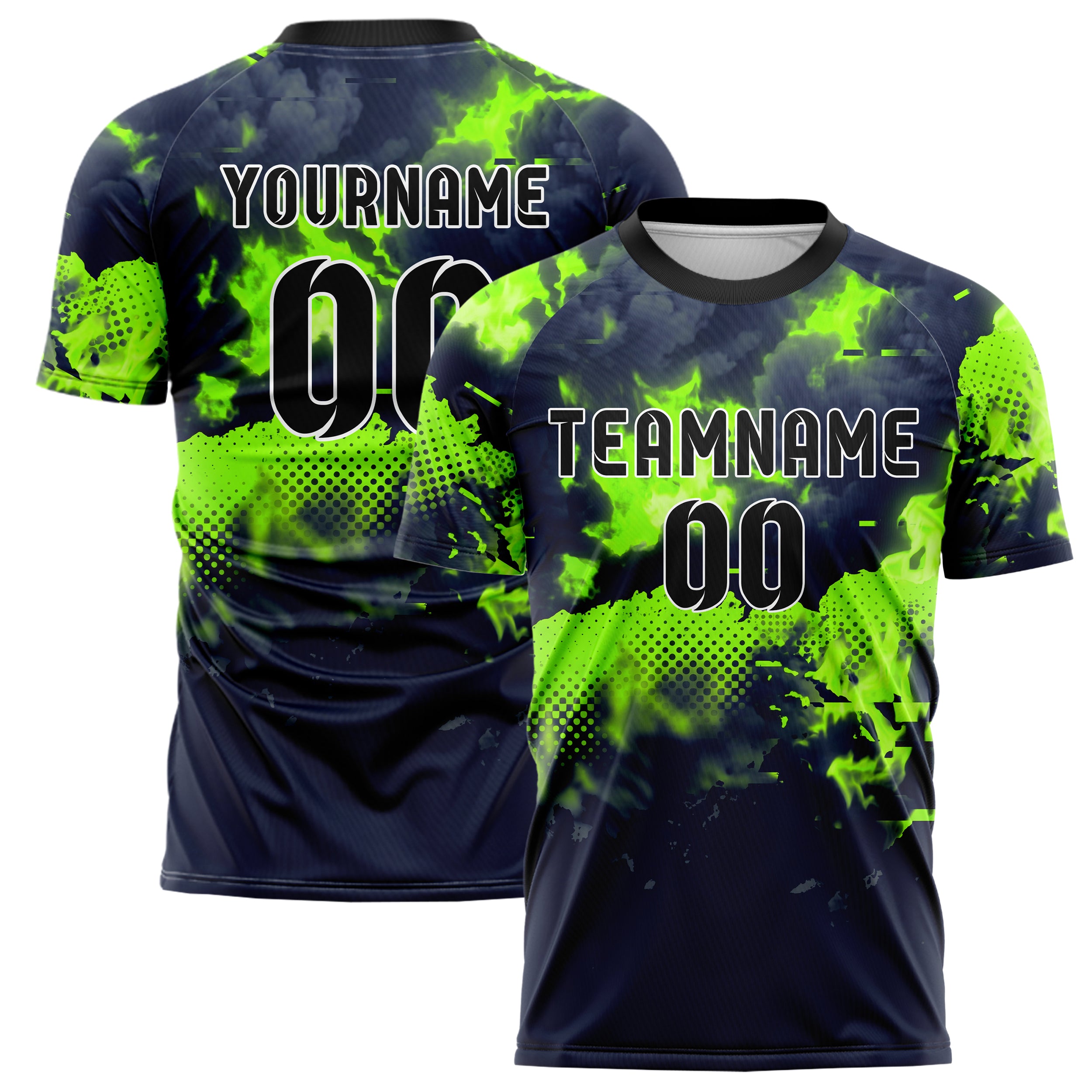 Marineblau Neon Grün Rauch und Feuer Abstrakt individuelles Fußballtrikot
