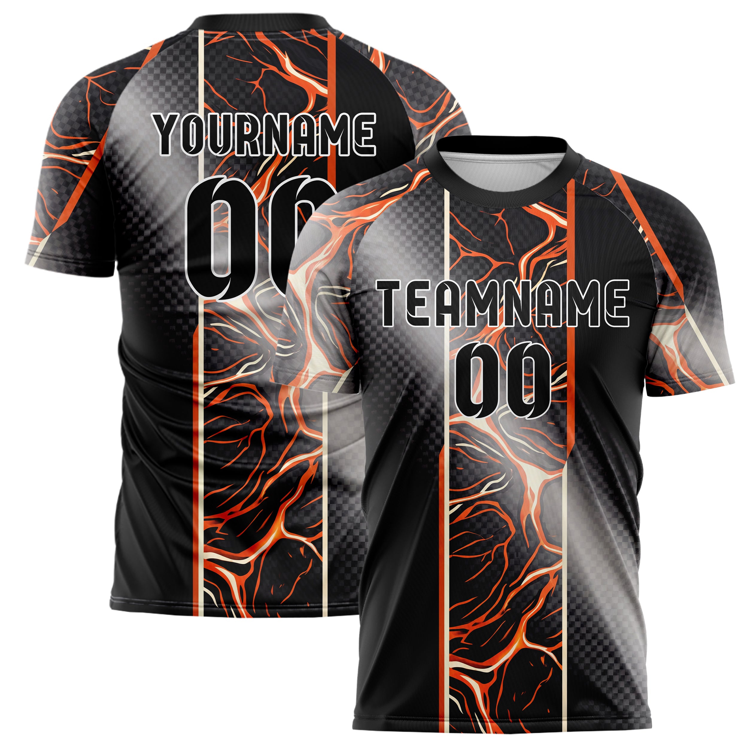 Schwarz Orange Weiß Magma Riss Terrain individuelles Fußballtrikot