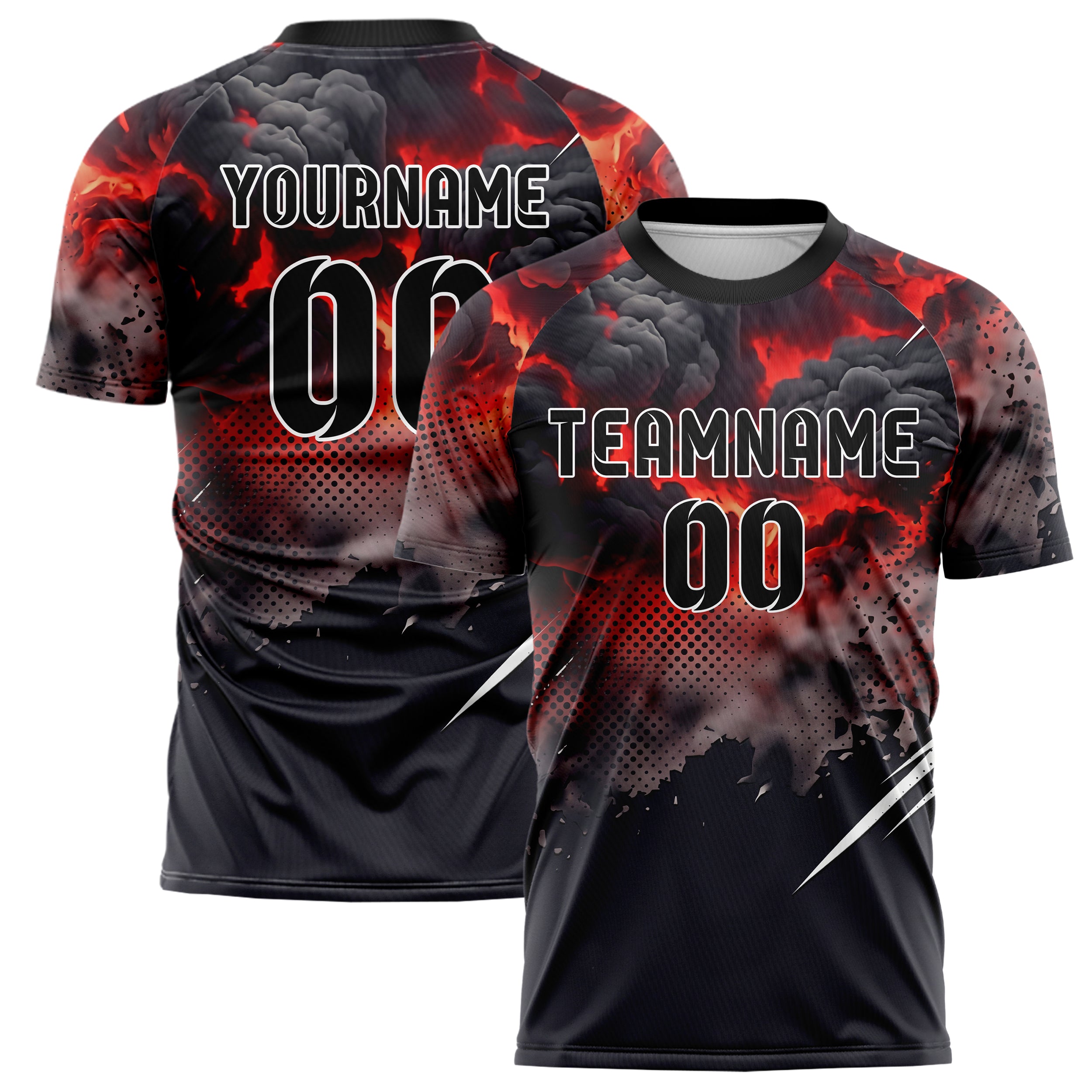 Schwarz Rot Weiß Rauch und Feuer Abstrakt individuelles Fußballtrikot