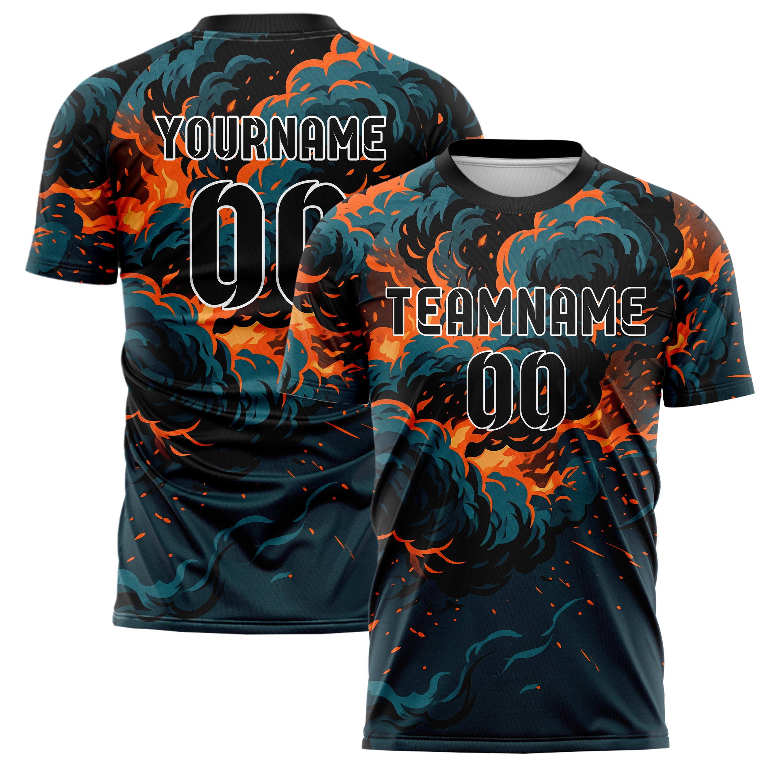 Petrol Orange Schwarz Rauch und Feuer Abstrakt individuelles Fußballtrikot