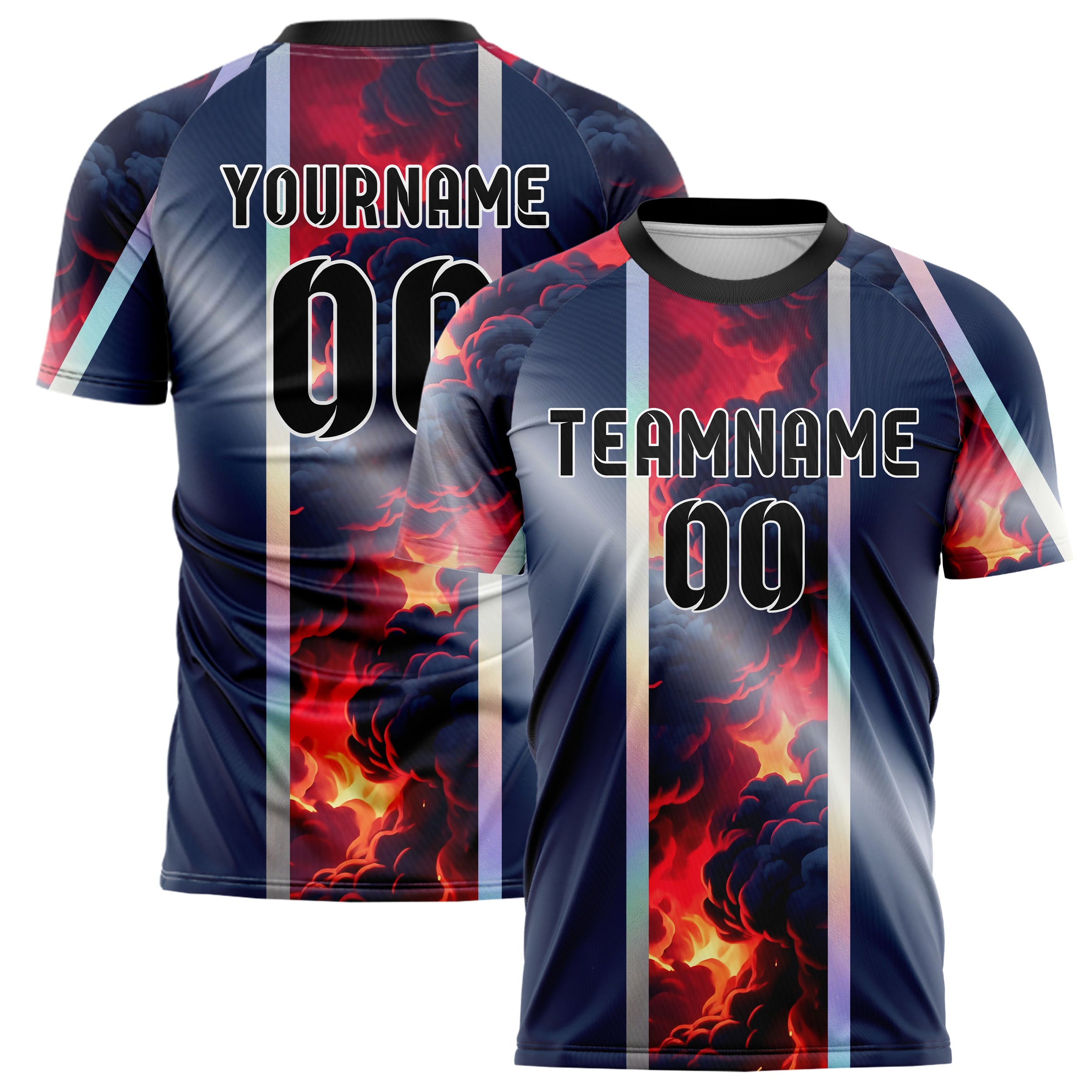 Marineblau Rot Silber Rauch und Feuer Abstrakt individuelles Fußballtrikot