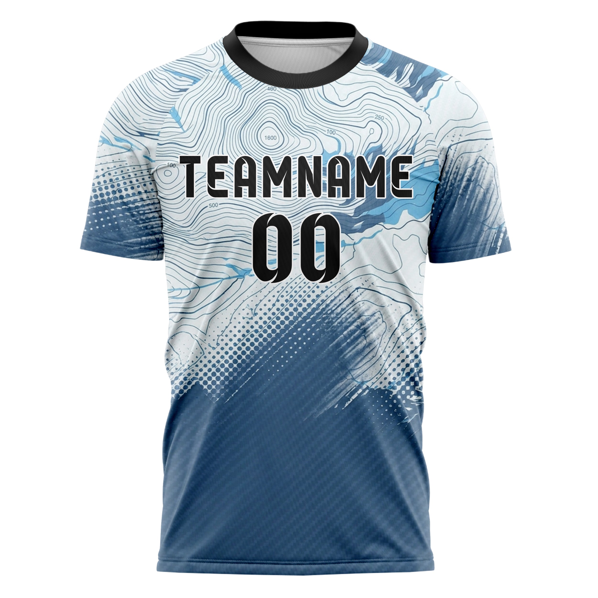 Eisweiß Himmelblau Schiefer Chrom Schneefeld Kontur Karte individuelles Fußballtrikot